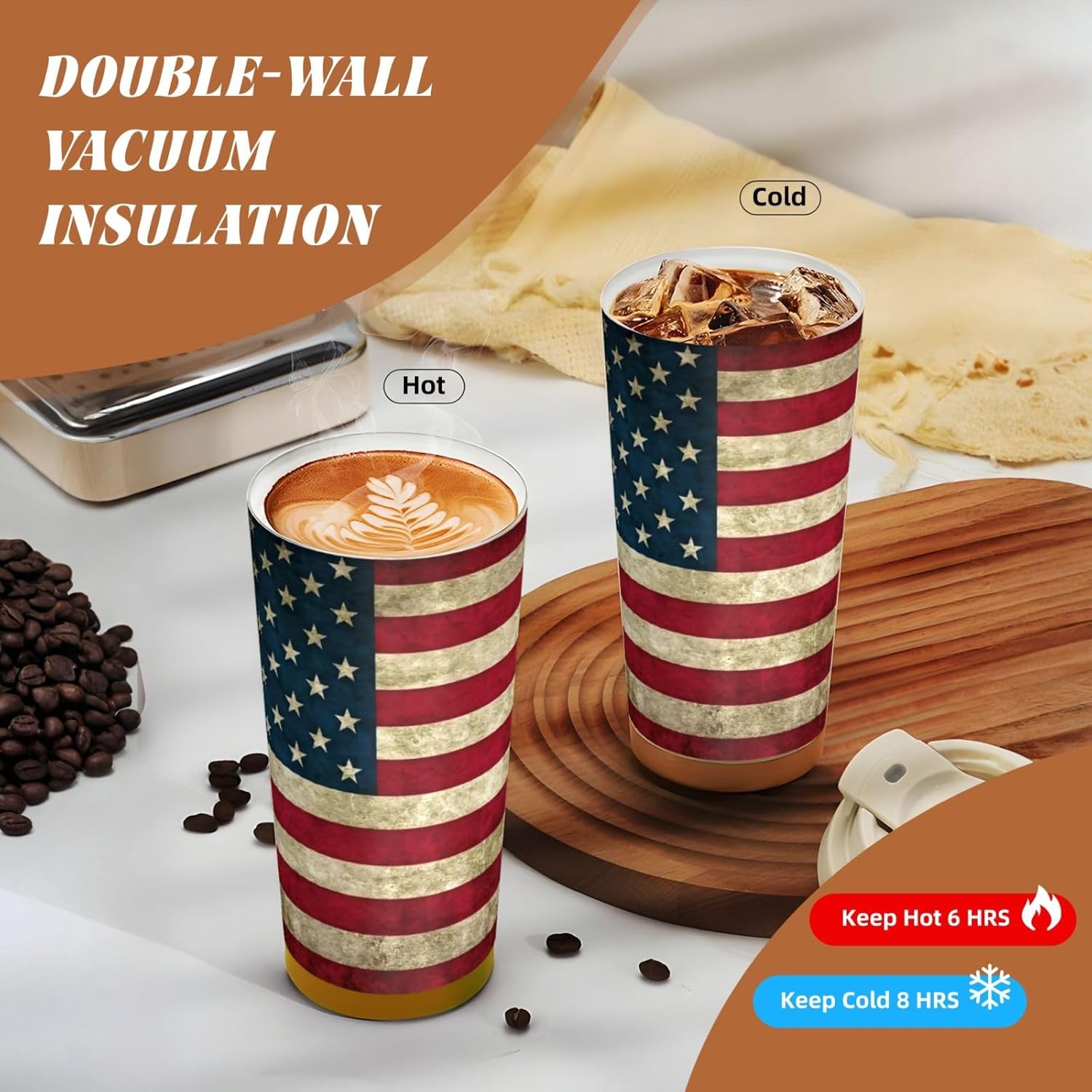 American flag Print Leakproof Insulated Coffee Mug,Stainless Steel Dual Drink Travel Tumbler,17 OZ