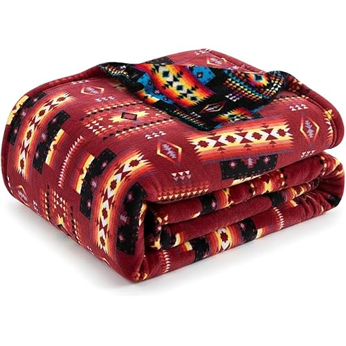 Sacred Thread Aztec Blanket Fleece, Reversible Native American Blanket, Western Throw, Native American Western (Burgundy Flannel), King (87”x95”)