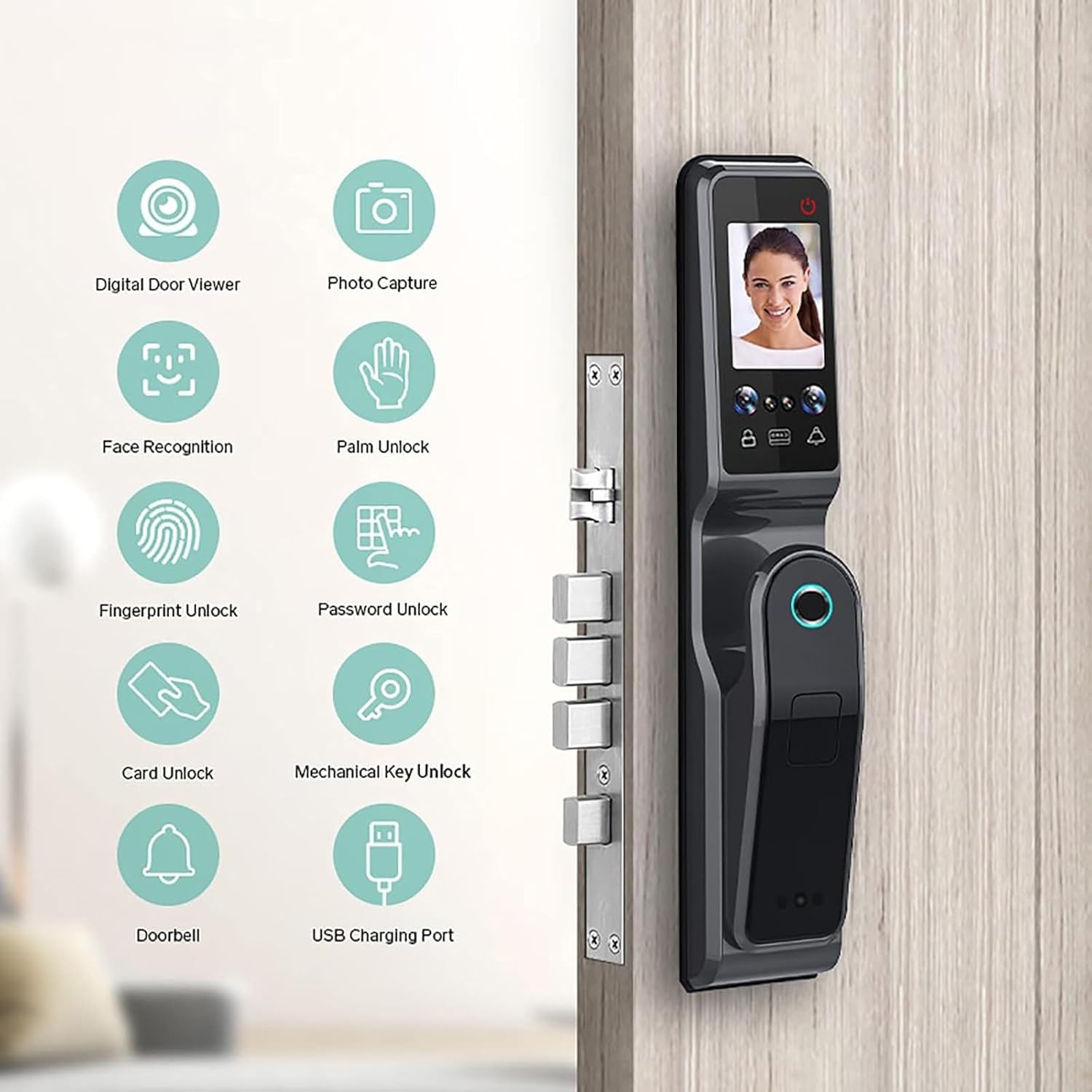 Smart Locks for Front Door, 3D Face Recognition Biometric Fingerprint Digital Password Card Smart Door Lock with Visible Door Viewer, with Keys for Home Entry Doors(Black)