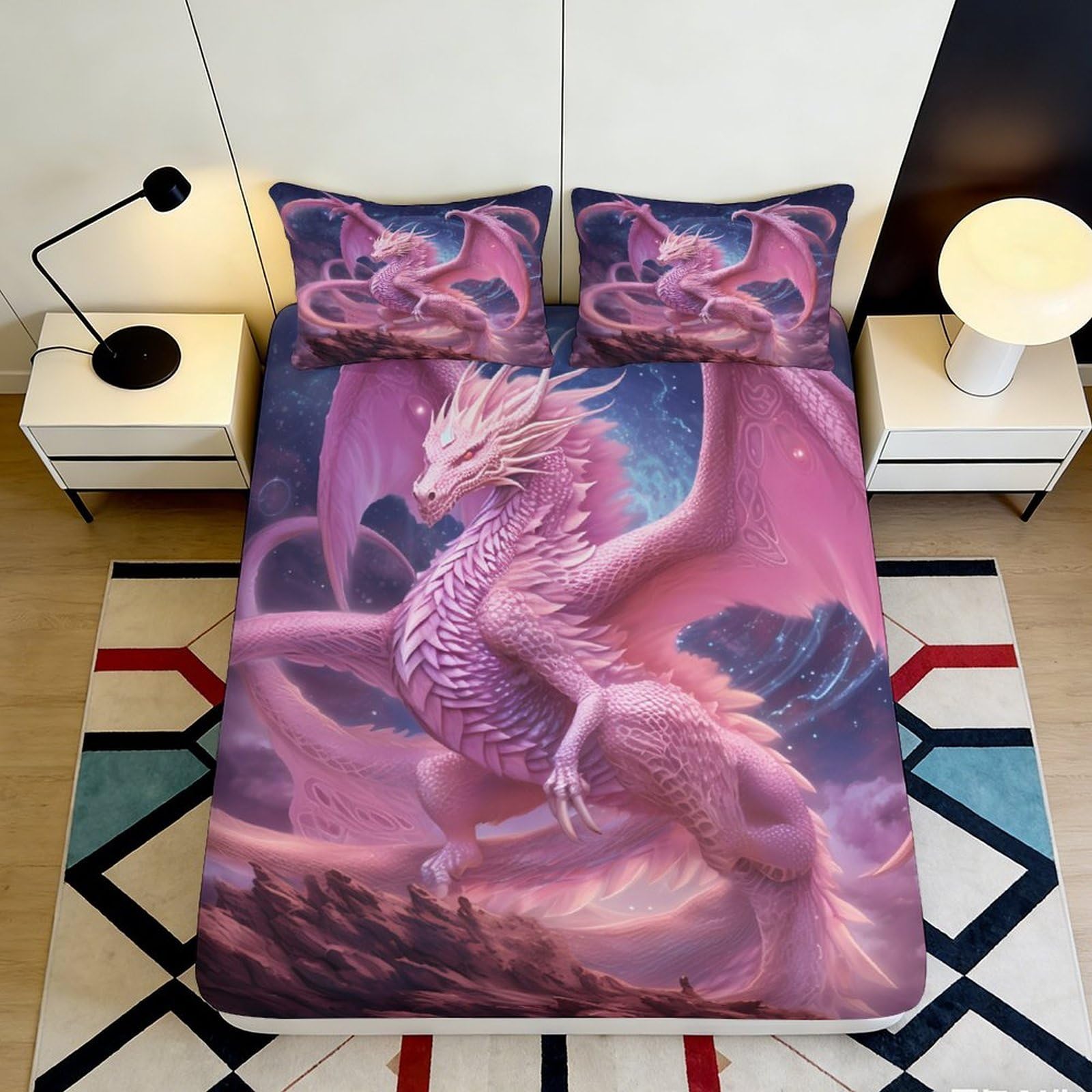 3D Printed Fantasy Dragon Fitted Sheet Microfiber Deep Pocket Full Wrap Bedroom Bedding Fantasy Dragon Mattress Fitted Cover Washable 140x200x25cm
