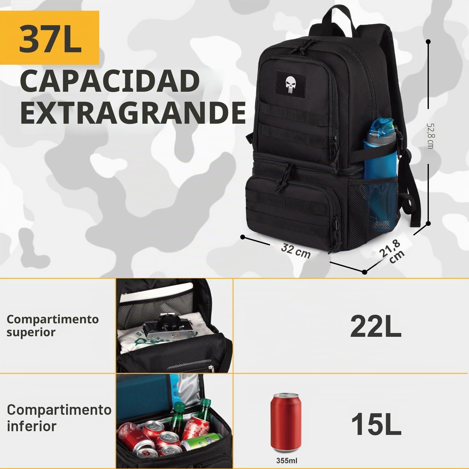 Mochila Táctica Refrigerada para Hombre, 25L con 2 Compartimentos | Mochila Táctica Doble Compartimento, Bolsa Almuerzo Suave Aislante Antifugas, 2 Niveles Para Camping Y Picnic al aire libre