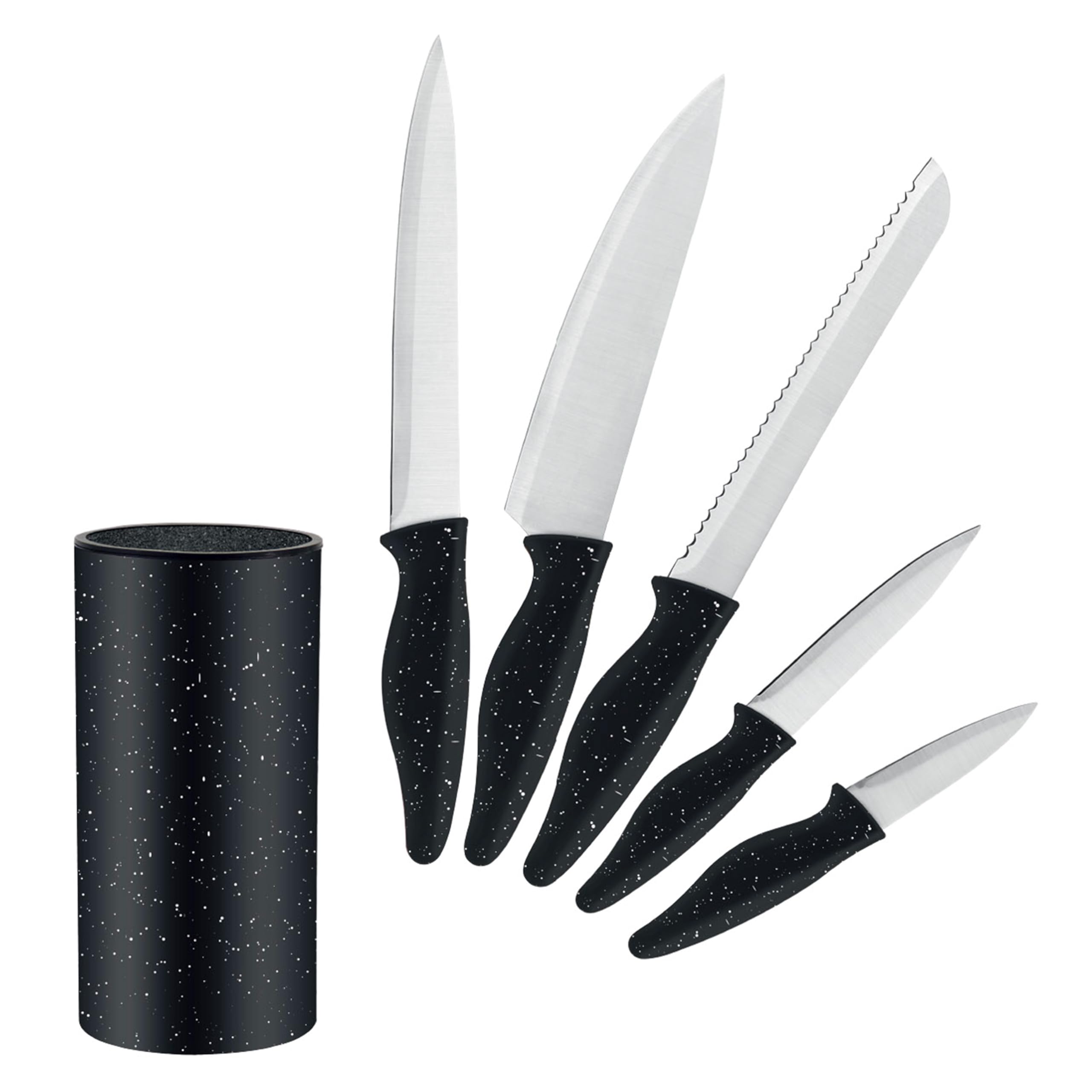 5 Piece Knife Set with Black Granite Texture Universal Storage Block for Kitchen Stainless Steel Blades Ergonomic Handles