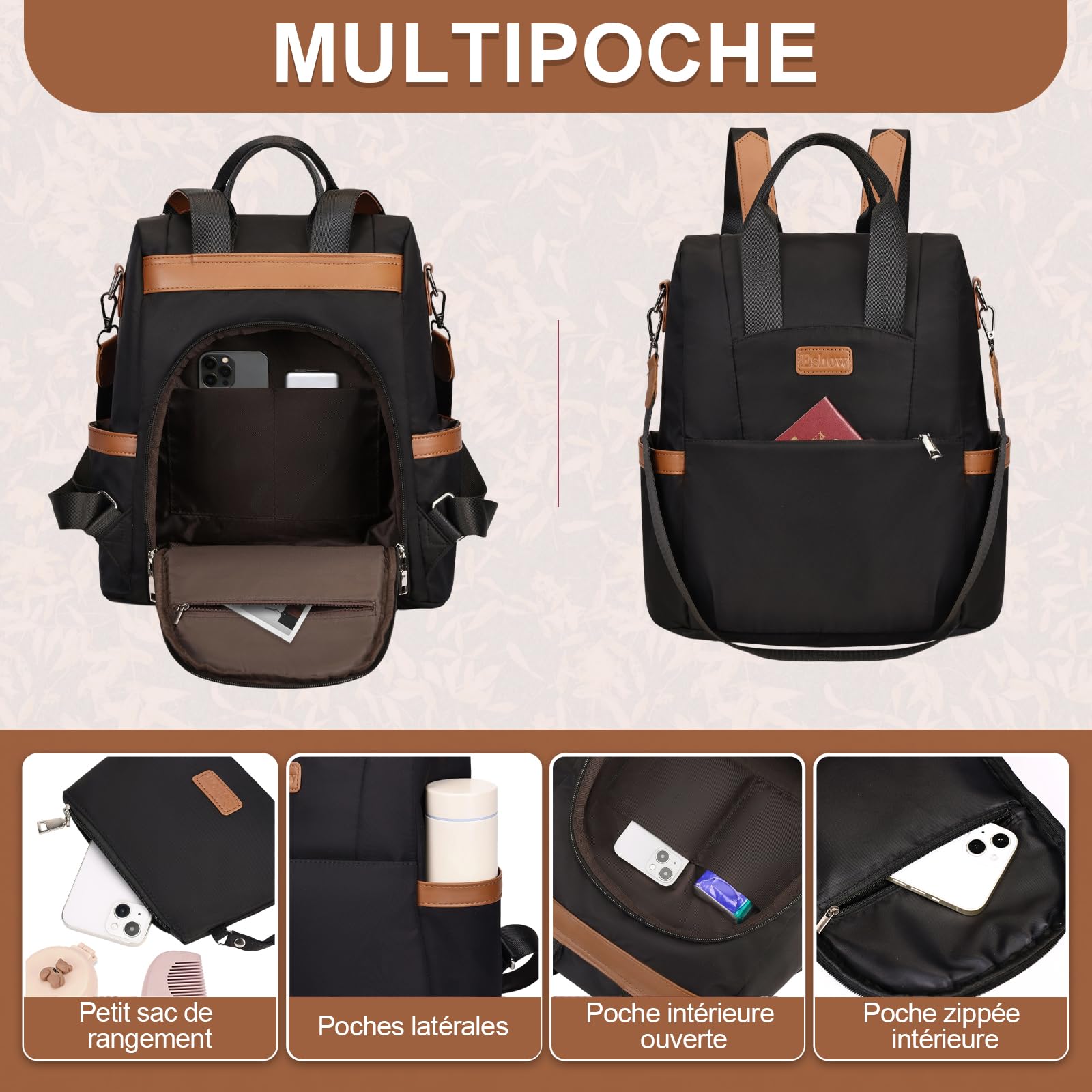 Eshow Sac a Dos Femme Antivol, Sacs à Main Portés Dos Elégant Léger 3 en 1, Petit Sac Bandoulière Fort Backpack Casual pour Voyage Travail Université Loisirs Shopping Noir