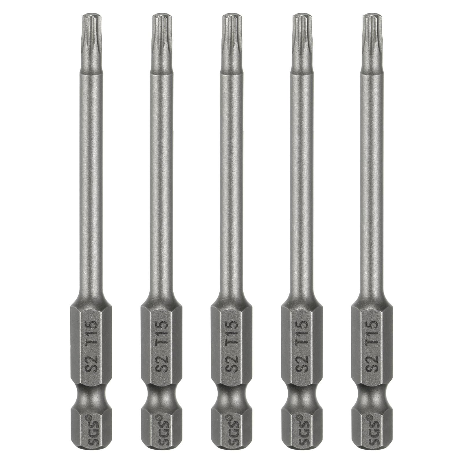 sourcing map 5pcs T15 Torx Head Screwdriver Bit 1/4" Hex Shank 3" (75mm) Long Magnetic No Hole Tip Tamper Proof 6 Point Star Screw Driver Drill Bits S2 Steel Industrial Power Screwdrivers