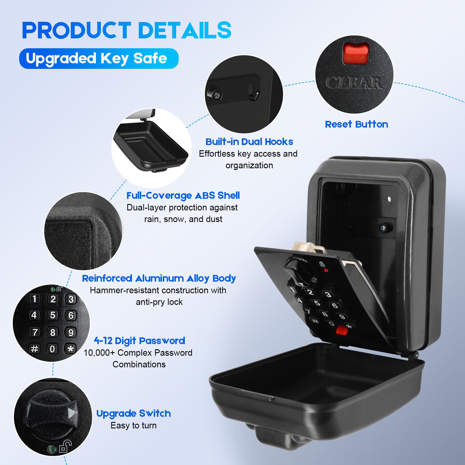 Caja de Seguridad para Llaves Exterior, Guarda Llaves con Código de 12 Dígitos, Gran Capacidad para Pared, Resistente a la Intemperie, Ideal para Casa, Garaje y Negocio (Negro)