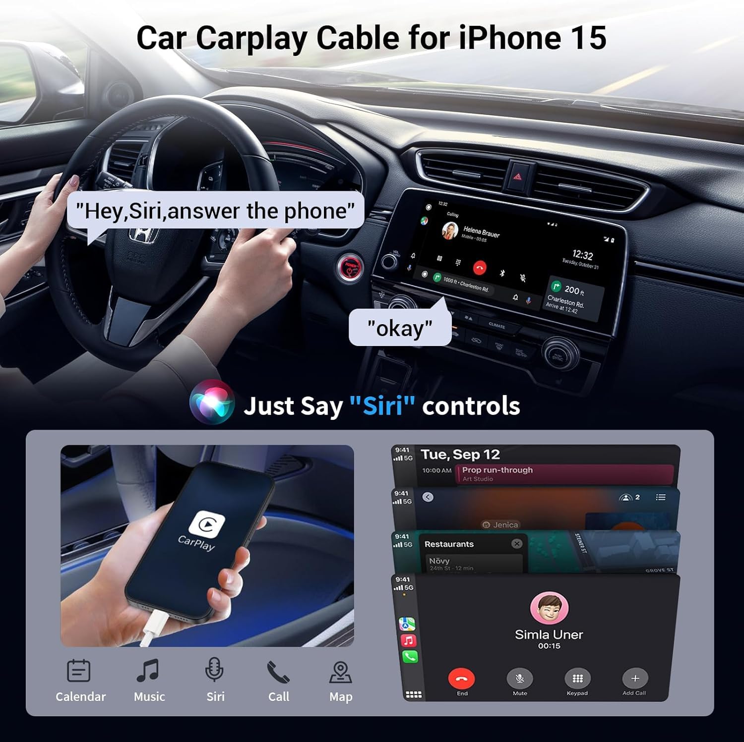Carplay Zestaw 3 kabli do ładowania samochodu iPhone 16 Pro Max, ładowarka do iPhone'a 15 z kablem końcowym USB, kabel USB do USB C 91 cm do MacBooka Pro/iPad Pro, ładowarka