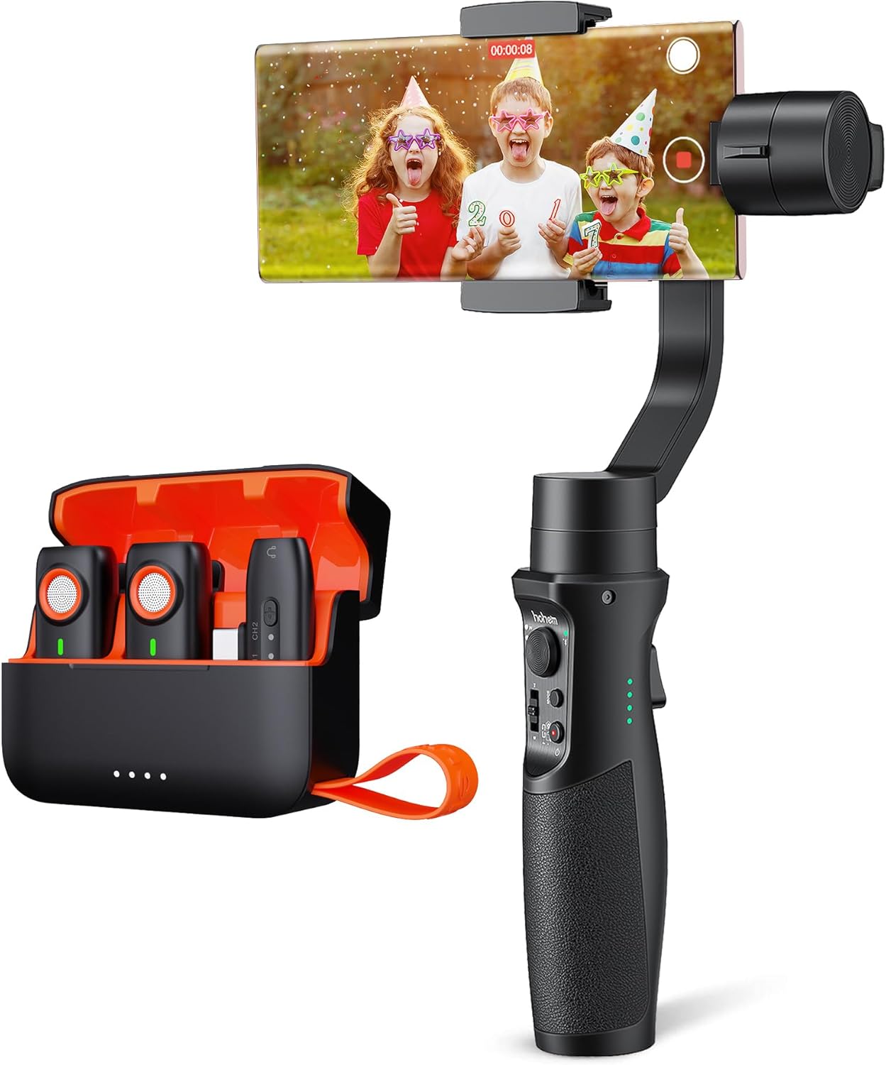 hohem iSteady Mobile Plus Premium Vlogging Combo, 3-Axis Phone Gimbal for Android and iPhone 15,14,13 PRO, 600 °Auto Rotation Phone Gimbal with a hohem Mic for Android (2 TX + 1 RX + Charging Case)