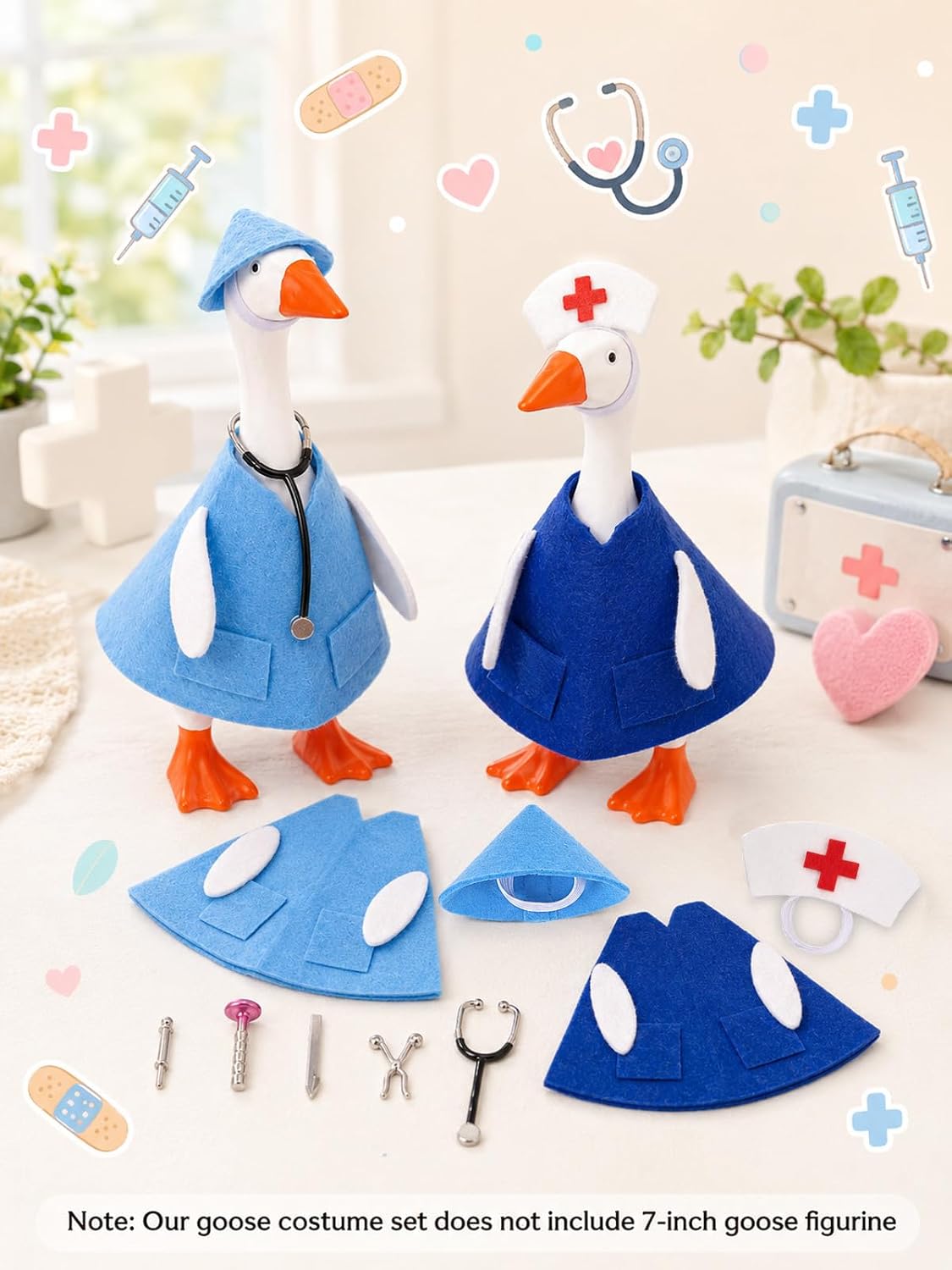 Desk Goose Outfit 2 Pack – Doctor & Nurse Desk Goose Costume Set for 7 Inch Mini Magnetic Geese with Hats & Stethoscope Medical Tools Desktop Office Decoration