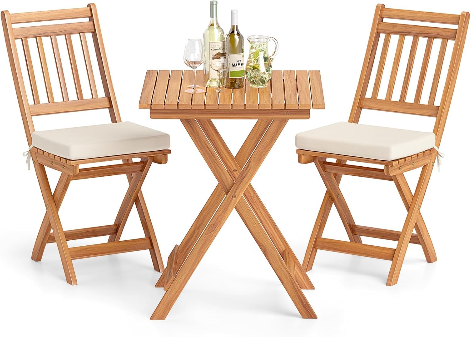 GOPLUS Juego de Mesa y Sillas Plegable de Madera de Acacia | Conjunto Bistro para Jardín de 3 Piezas con Mesa Cuadrada, 2 Sillas Plegables y Cojines para Terraza Patio Piscina