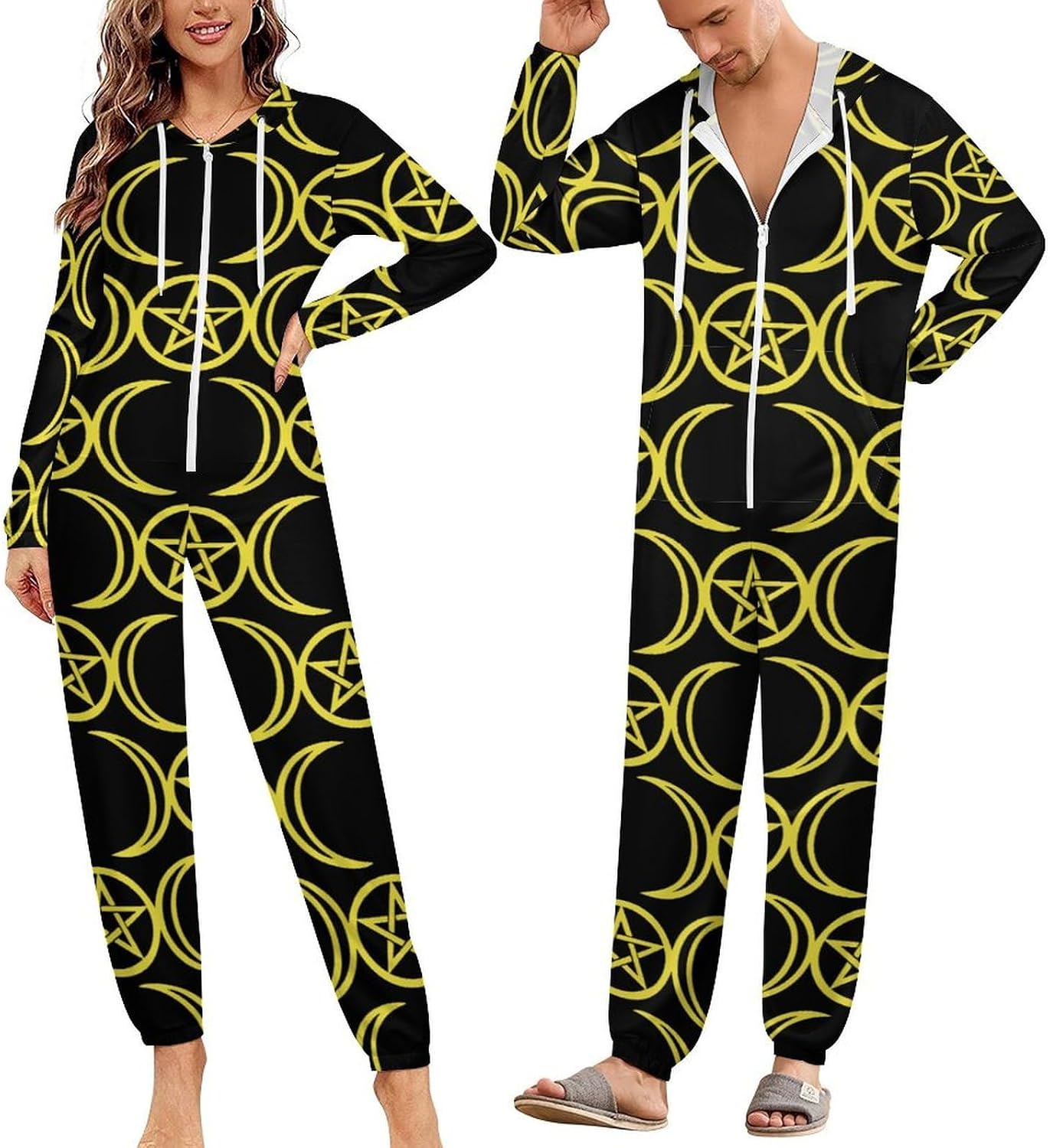 Triple Moon Pentacle Adult Pajamas Onesie with Hood Pocket Jumpsuits One Piece Sleepwear