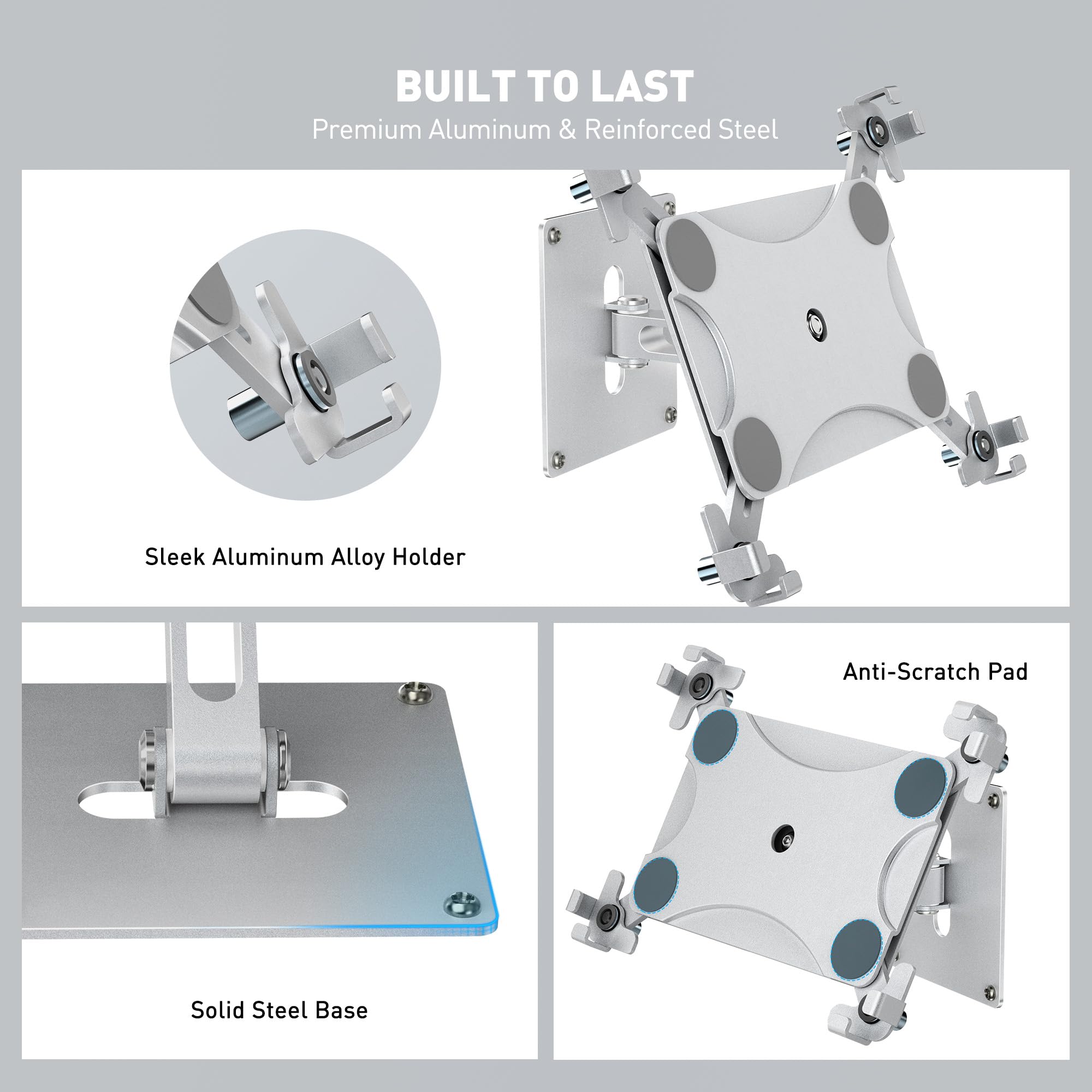 AboveTEK Soporte de Pared para Tablet, Soporte para iPad con función antirrobo (9,7" - 13"), rotación e inclinación de 360°, Soporte VESA para expositores comerciales de Punto de Venta-Plateado