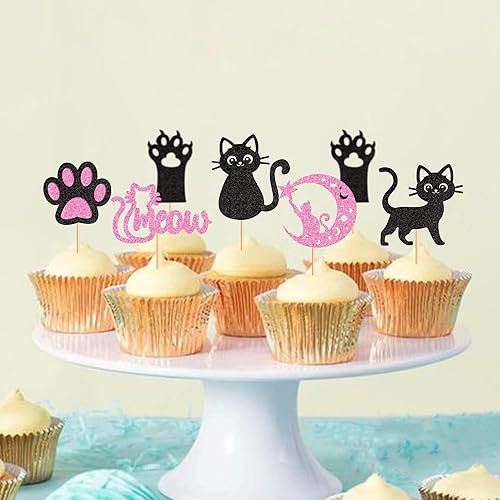 Miniatura 6 de Ercadio Paquete de 24 adornos para magdalenas de gatos, color negro y rosa, para magdalenas, gatitos, gatos, pasteles, para gatos, para cumpleaños,