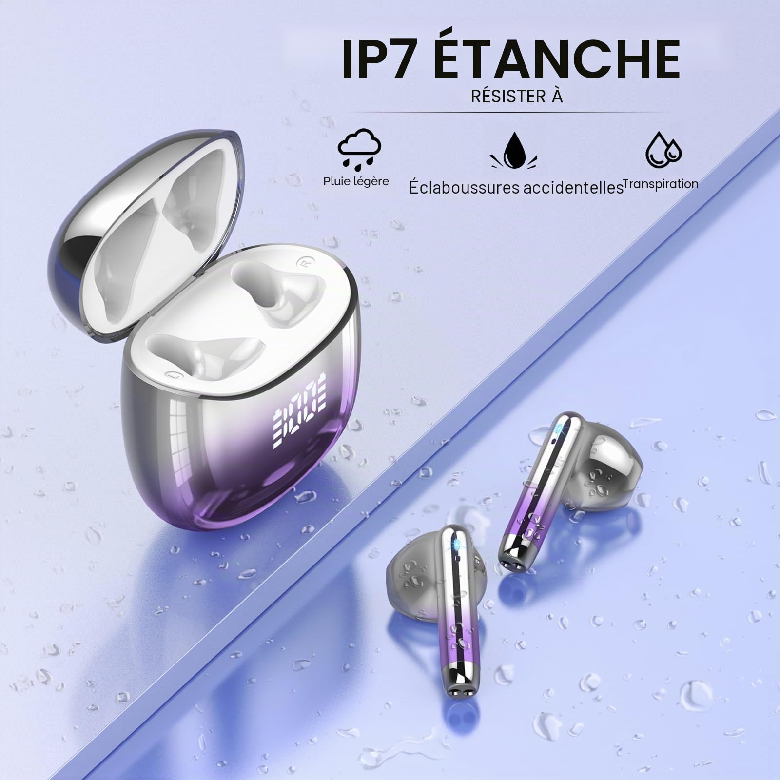 Ecouteurs Bluetooth Sans fil, Écouteurs Bluetooth 5.4, Oreillette Bluetooth HiFi Stéréo avec 4 ENC Mic, Casque Bluetooth Sans fil avec Écran LED, 40H, Étanche IP7 Écouteur, Contrôle Tactile, Violet