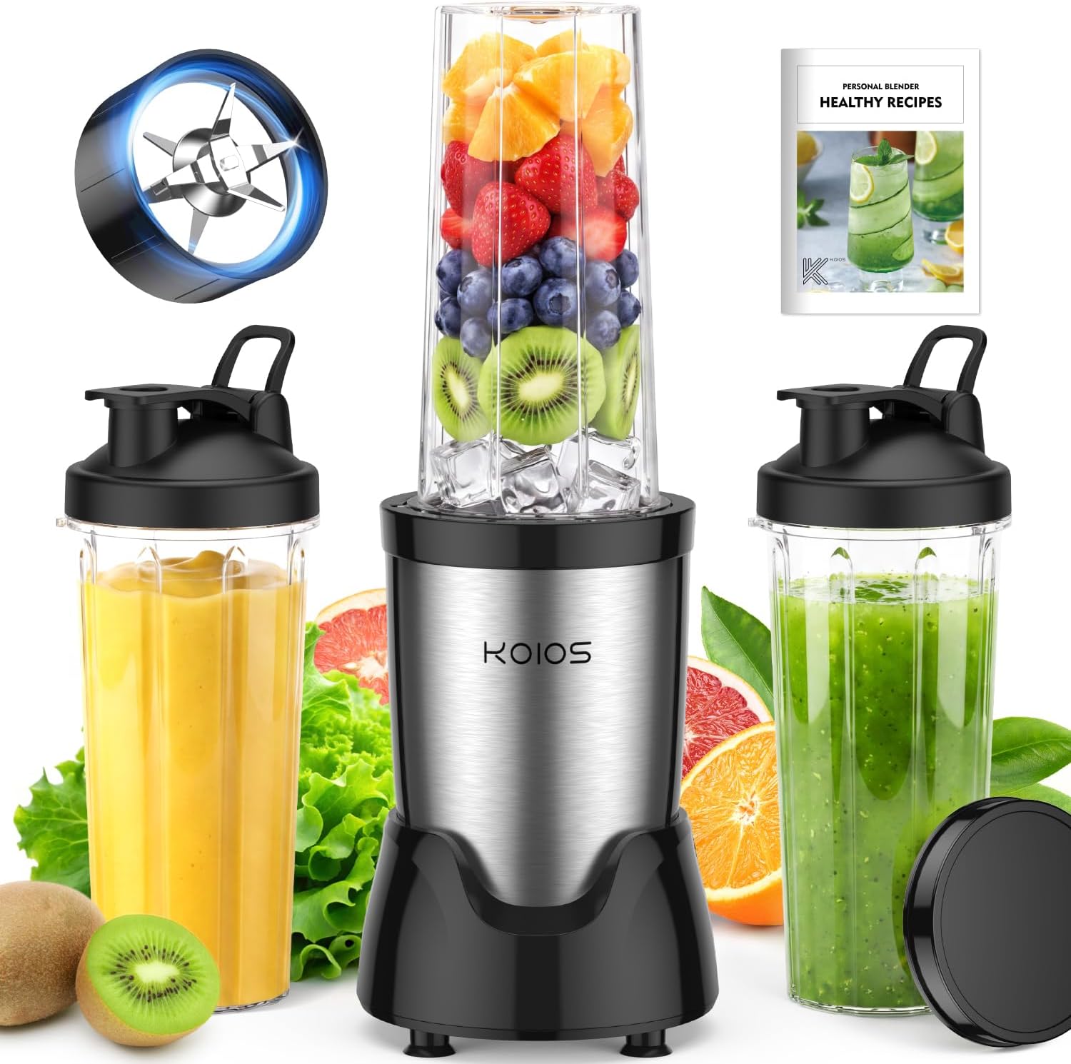 KOIOS Personal Blender for Smoothies with 3 x 22oz To-go Cups, BL319B Black | 22000 RPM Detachable Blade Countertop Blenders for Kitchen. Ideal for Baby Food, Protein Shakes, Ice Crushing & Fresh Juice