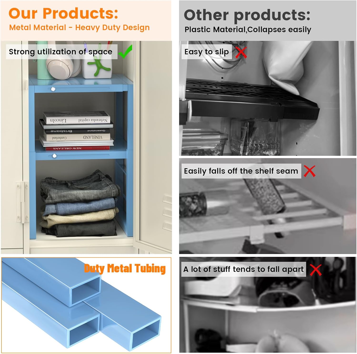 Locker Shelf Blue, Adjustable Width and Height, Metal Locker Organizer Shelf School, Stackable Locker Storage Organization, Ideal Locker Fits Standard Size School, Office, and Gym Lockers