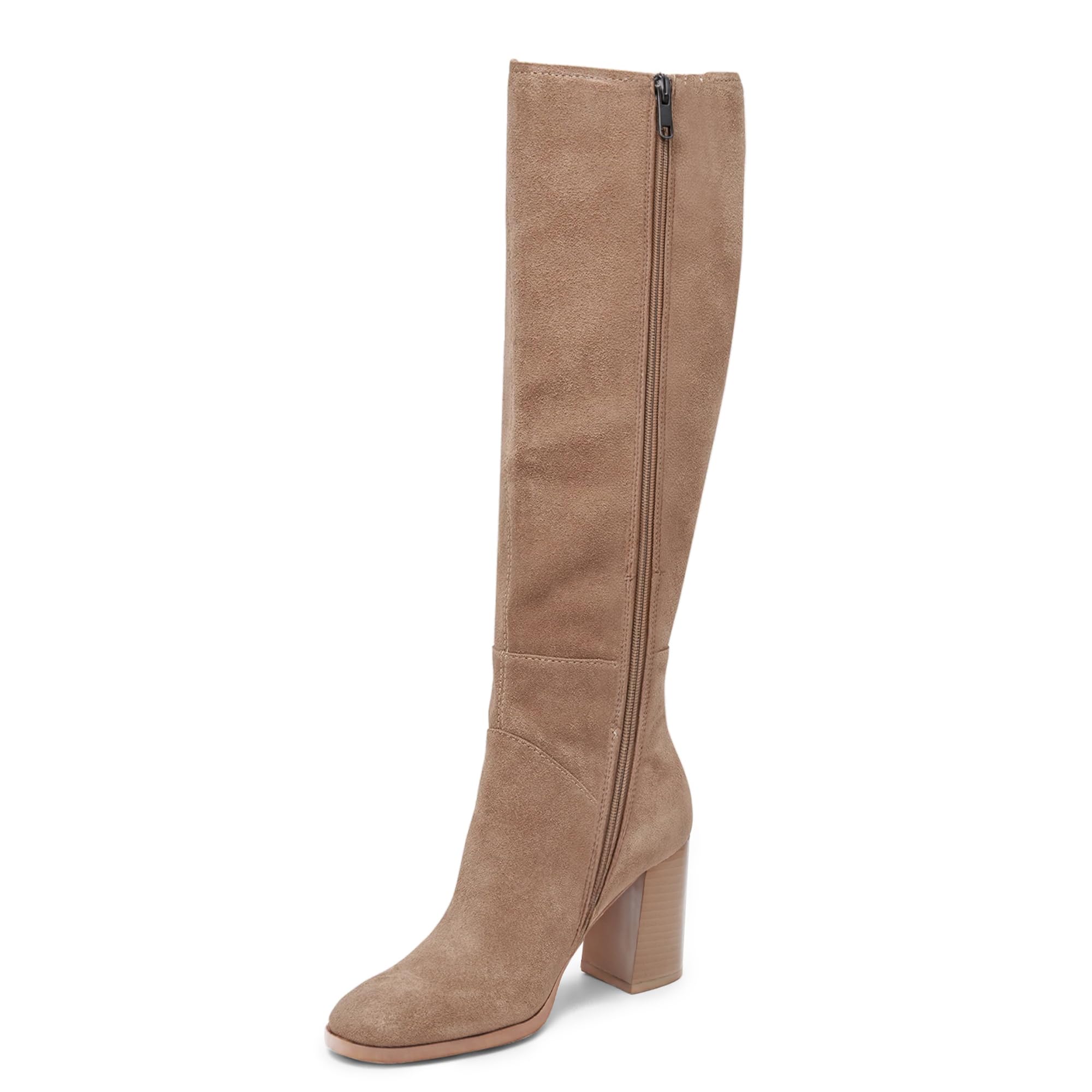 Womens Knee High Boots Faux Suede Chunky Heel Square Toe Tall Boots Side Zipper Fashion Long Boot