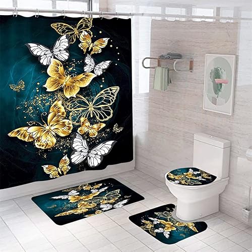 Springgrace Juego de 4 cortinas de ducha con diseño de flores y mariposas con alfombra antideslizante, cubierta para tapa de inodoro y tapete de