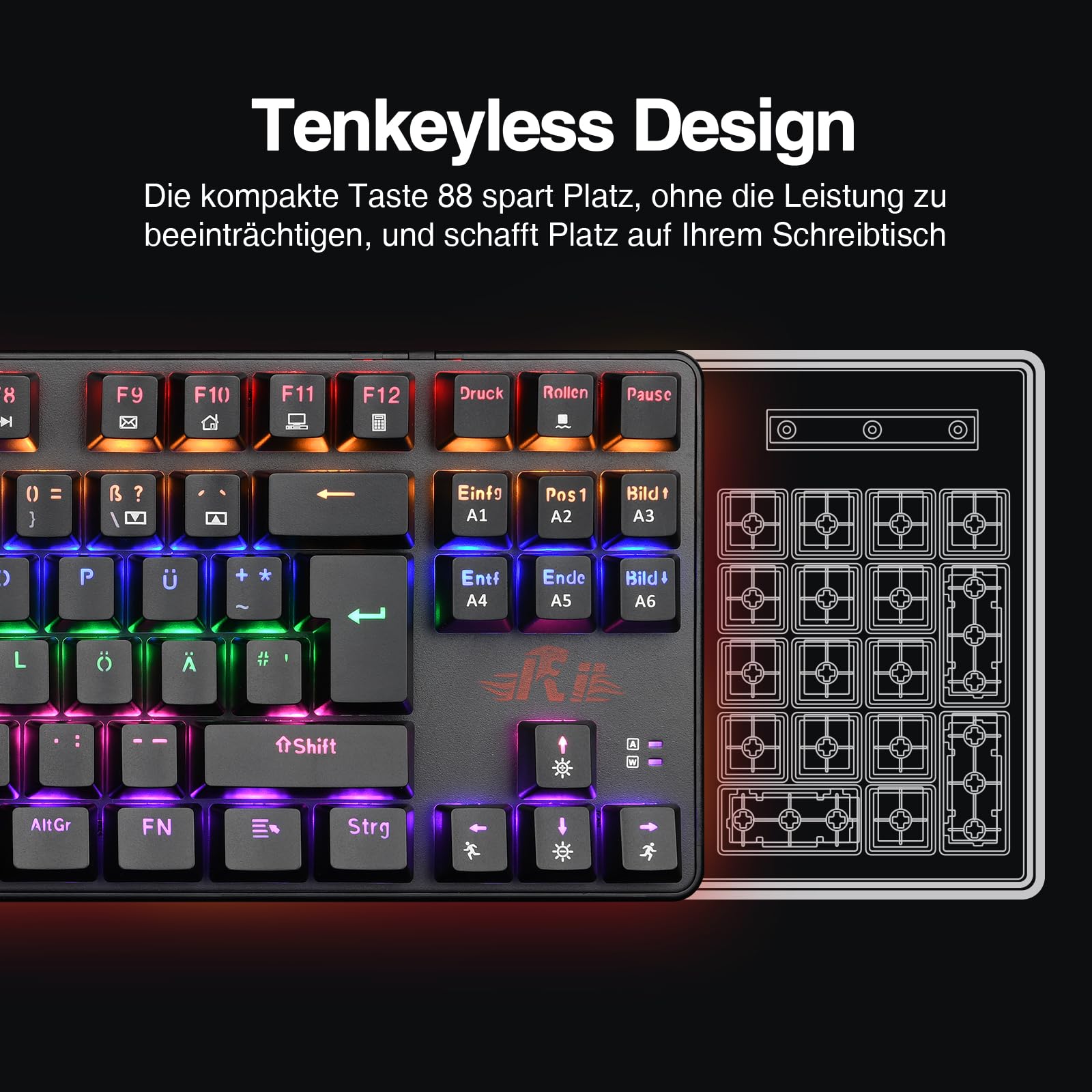 Rii Gaming Tastatur TKL QWERTZ, TKL Tastatur Mechanisch, Blaue Schalter (Laut), Tastatur Kabel (Nicht Hot-Swap-Fähig, Schäfte sind Nicht austauschbar) - 3