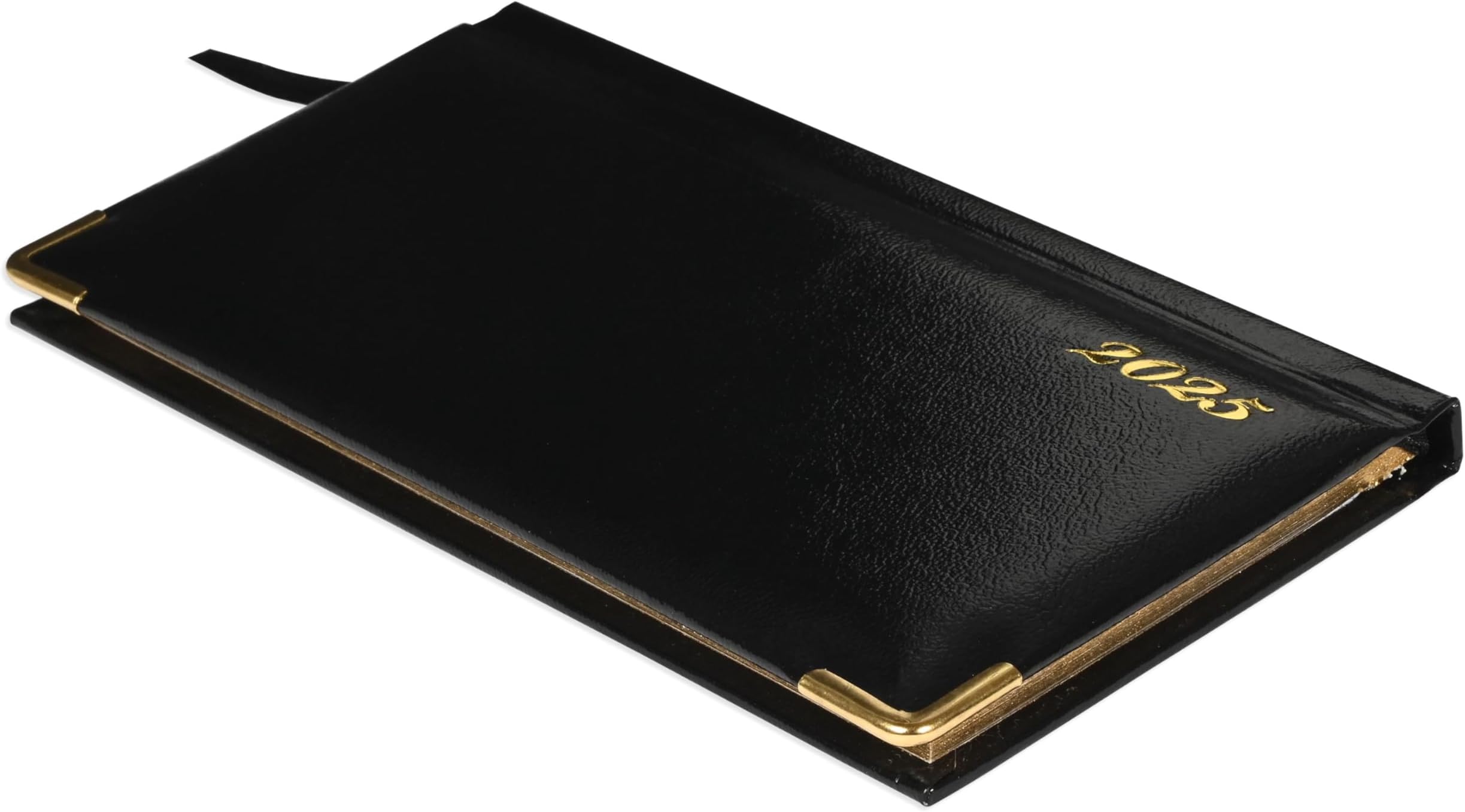 FIS® 2025 Golden Slim Diary, Hard Cover Viny Materials, 1 Side Padded Cover, Gold Gilded Edges, Round Corners, Size 170x90mm, English, 60gsm White Paper, Black Color-FSDI52EG25BK