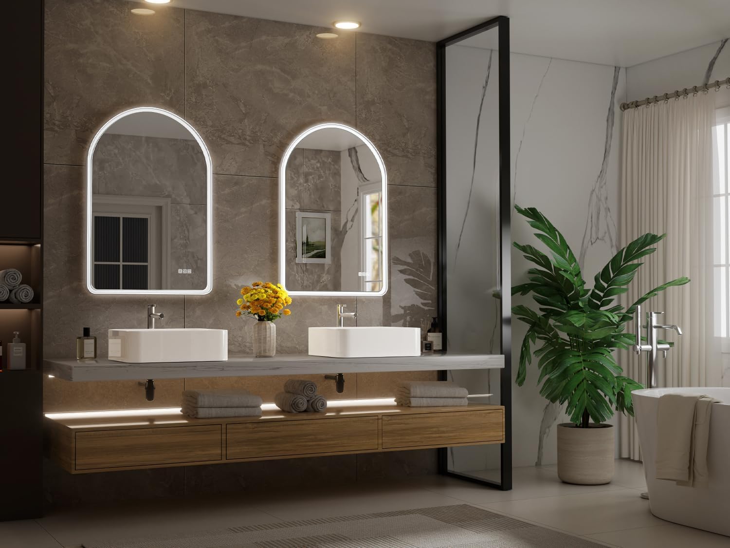 QueenFun Arched LED Bathroom Mirror, 24x36 Fogless White Frame Bathroom Mirror with Lights, 3 Color Dimmable Lighted Bathroom Mirror for Wall, Smart Light Up Bathroom Vanity Mirror Wall-Mounted