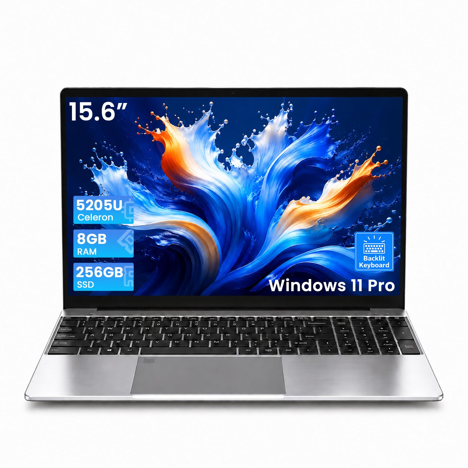 Breoom PC Portatile 15.6" FHD, 8GB DDR4 RAM 256GB SSD Celeron 5205U, Impronta, Tastiera retroilluminata, Webcam, USB 3.0 * 2, Wi-Fi 5, Win 11 Pro Laptop per Studenti