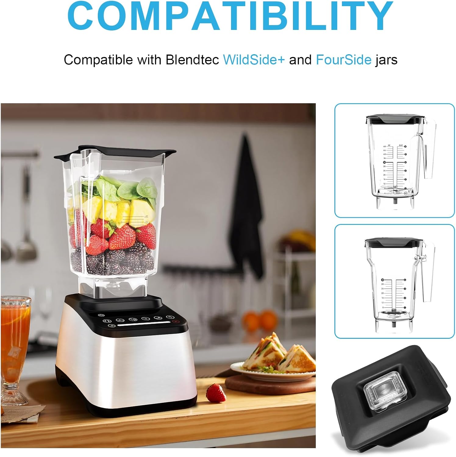 Blender Latching Lid Replacement for Blendtec Commercial Wildside + & Fourside Jars - Blender Lids Top with Removable Center Cap, Wildside Jar Lid Replacement Part for Blendtec Blender Top Accessories