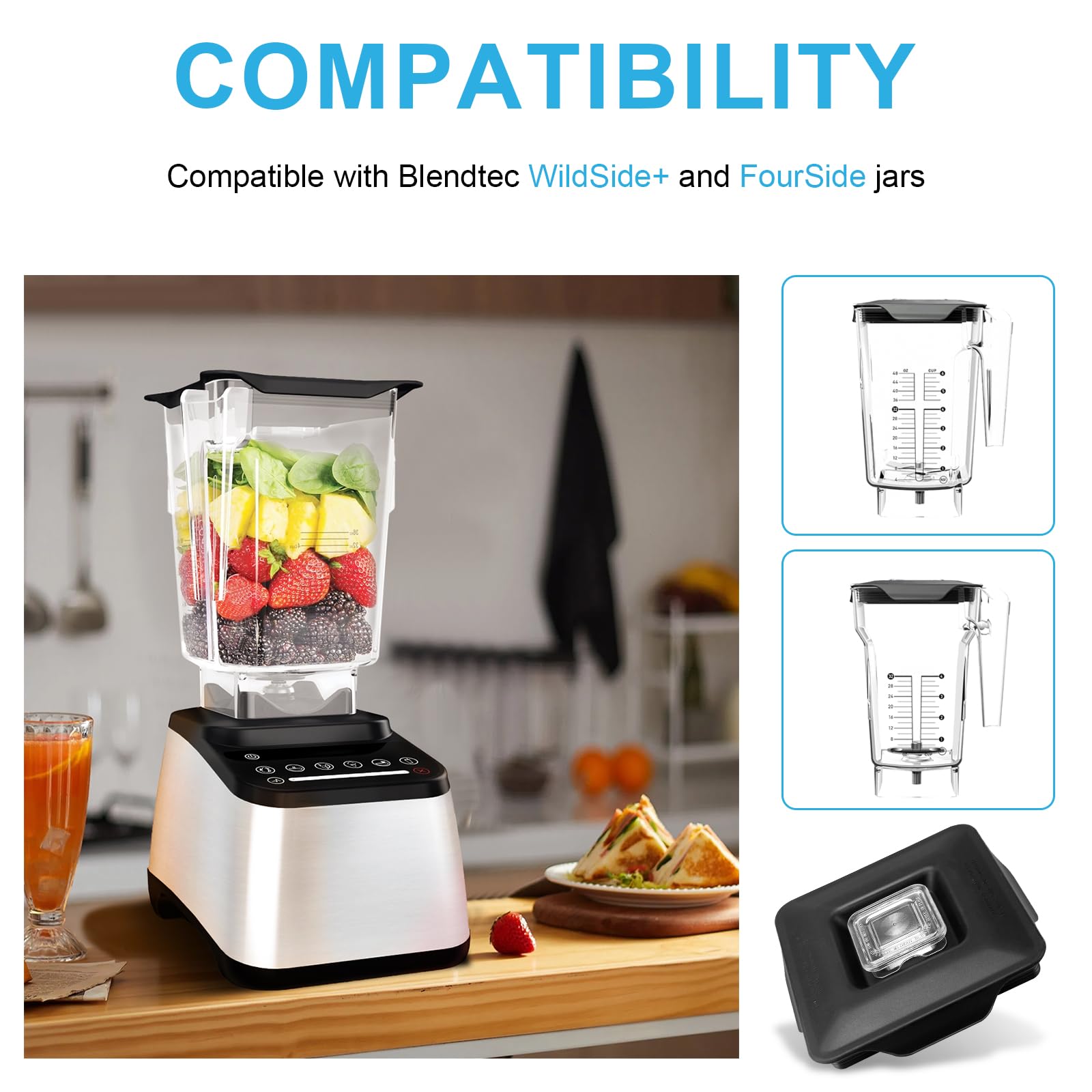 Blender Latching Lid Replacement for Blendtec Commercial Wildside + & Fourside Jars - Blender Lids Top with Removable Center Cap, Wildside Jar Lid Replacement Part for Blendtec Blender Top Accessories