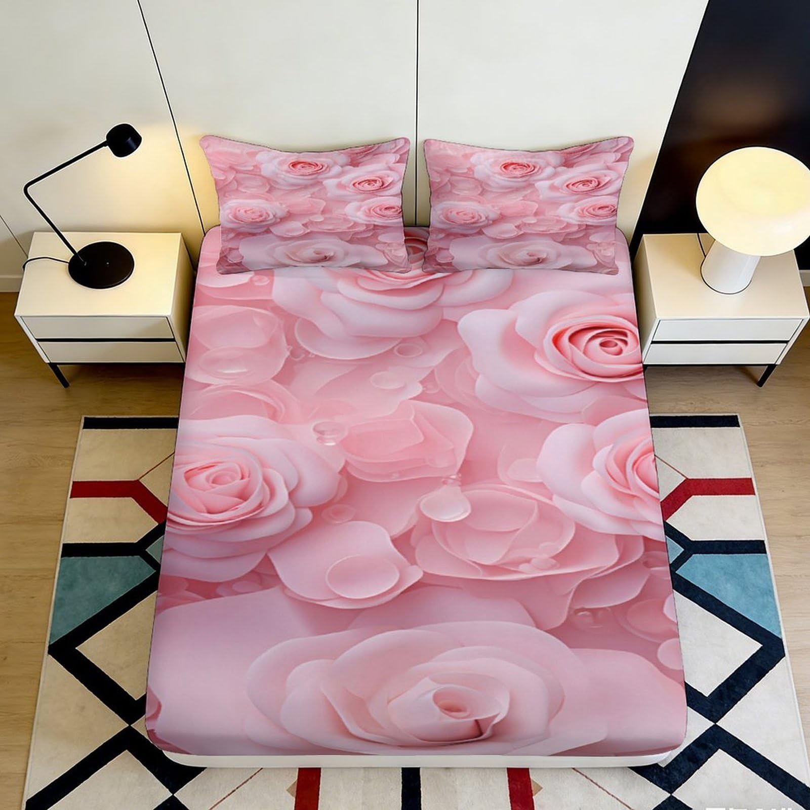 3D Printed Pink Rose Fitted Sheet Microfiber Soft Bedroom Decor Romantic Flower Mattress Cover for Home Guestroom 90x200x25cm