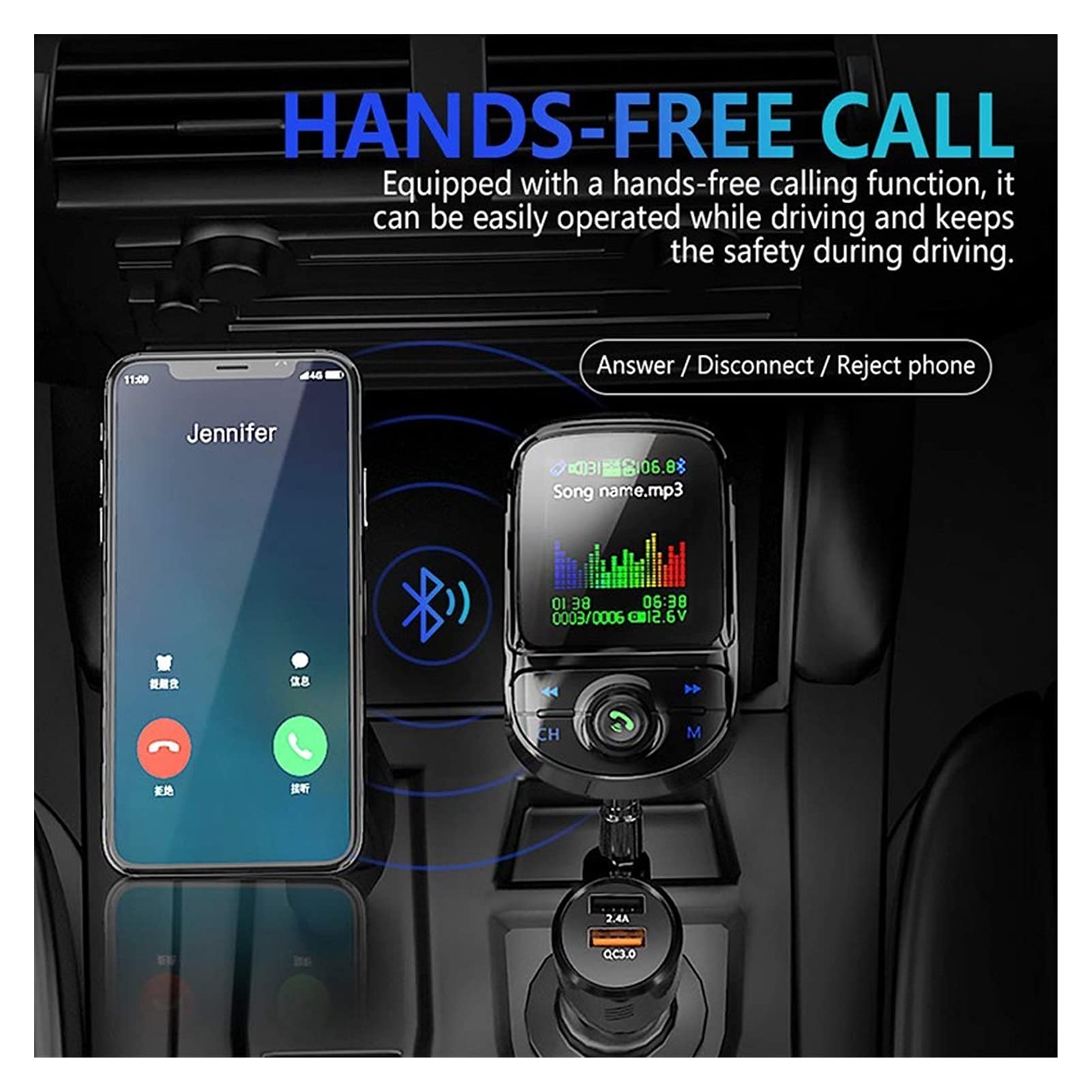 Adaptateur Audio Bluetooth Auto FÉMININ Emetteur Couleur Bluetooth 5.0 Modulateur sans Fil Lecteur MP3 QC 3.0 Double USB Diffusion vocale du Chargeur