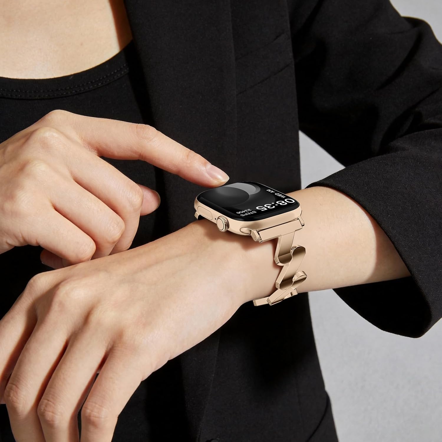 Slim Stainless Steel Band Compatible with Apple Watch 49mm 46mm 45mm 44mm 42mm 40mm 38mm, Tool-Free Adjustable Wave Metal Strap Lightweight Dressy Bracelet for iWatch Ultra SE Series 11 10-1