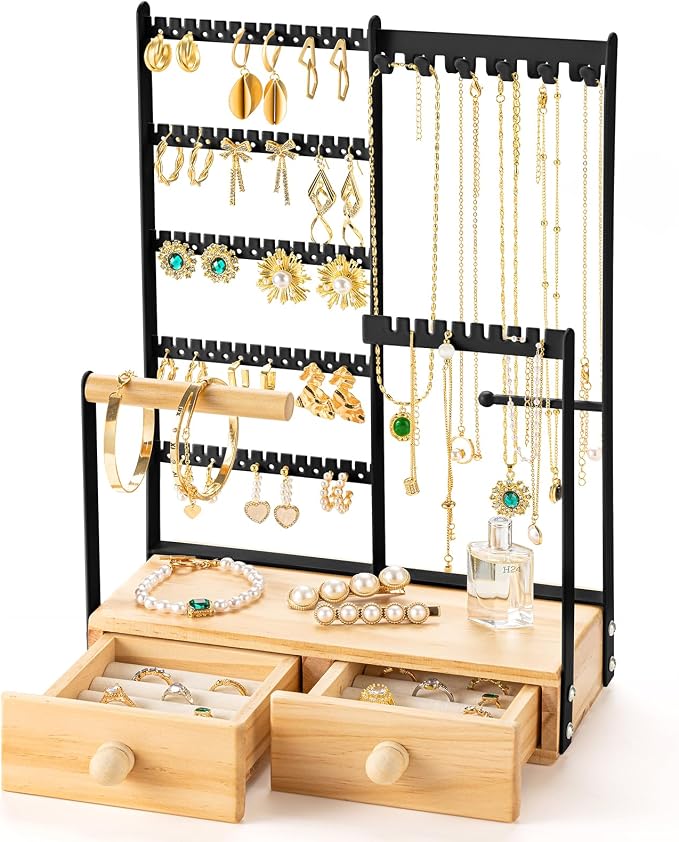 DreamGenius Jewelry Organizer Stand with 2 Velvet Ring Holder Drawers, 5 Tier Jewelry Holder Organizer with 11 Hooks for Necklaces and 145 Holes for Earrings, Black