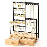 DreamGenius Jewelry Organizer Stand with 2 Velvet Ring Holder Drawers, 5 Tier Jewelry Holder Organizer with 11 Hooks for Necklaces and 145 Holes for Earrings, Black