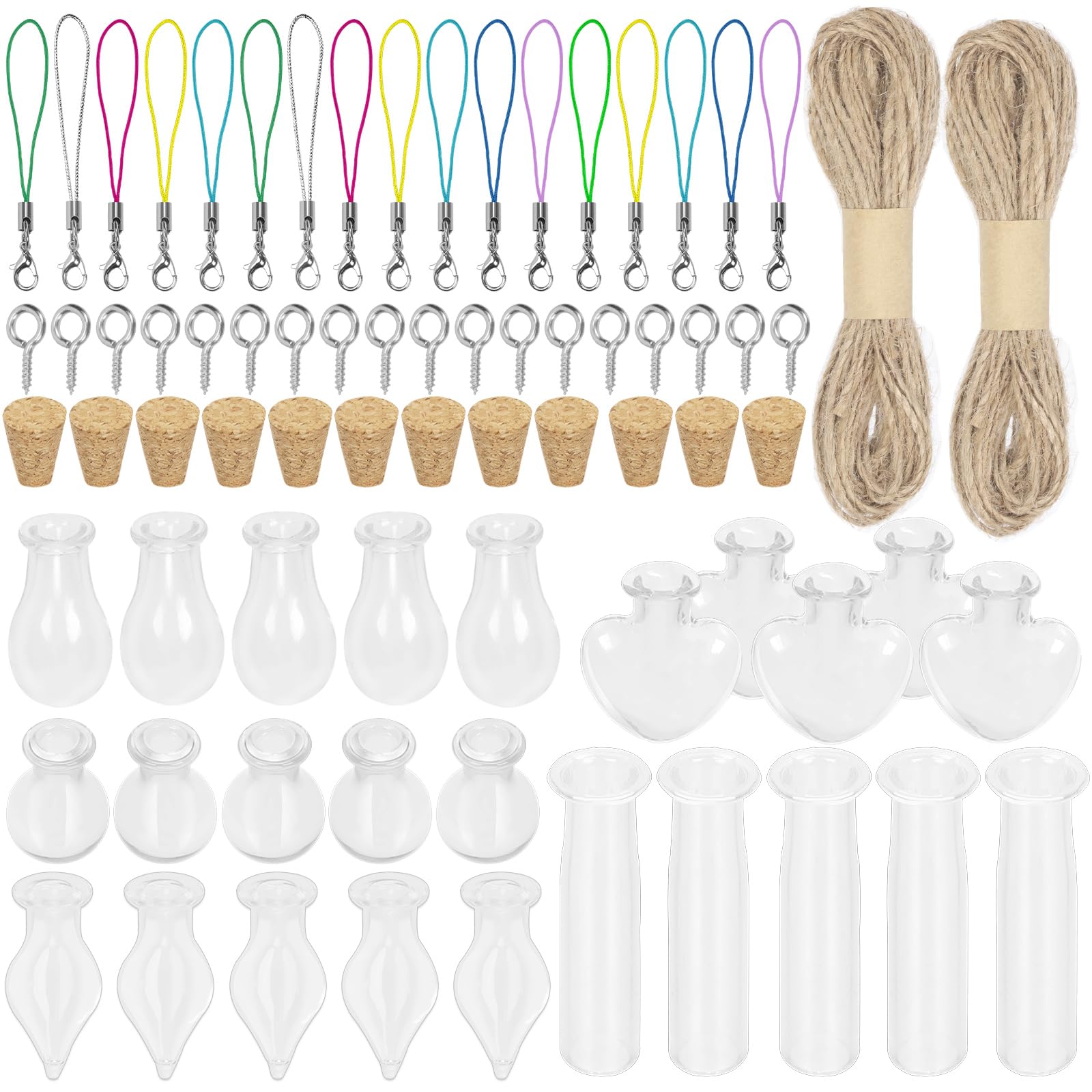 Swpeet 82Pcs 5Shapes Mini Glass Bottles with Cork Stoppers, Eye Screws, Twine and Lobster Claw Clasps Assortment Kit