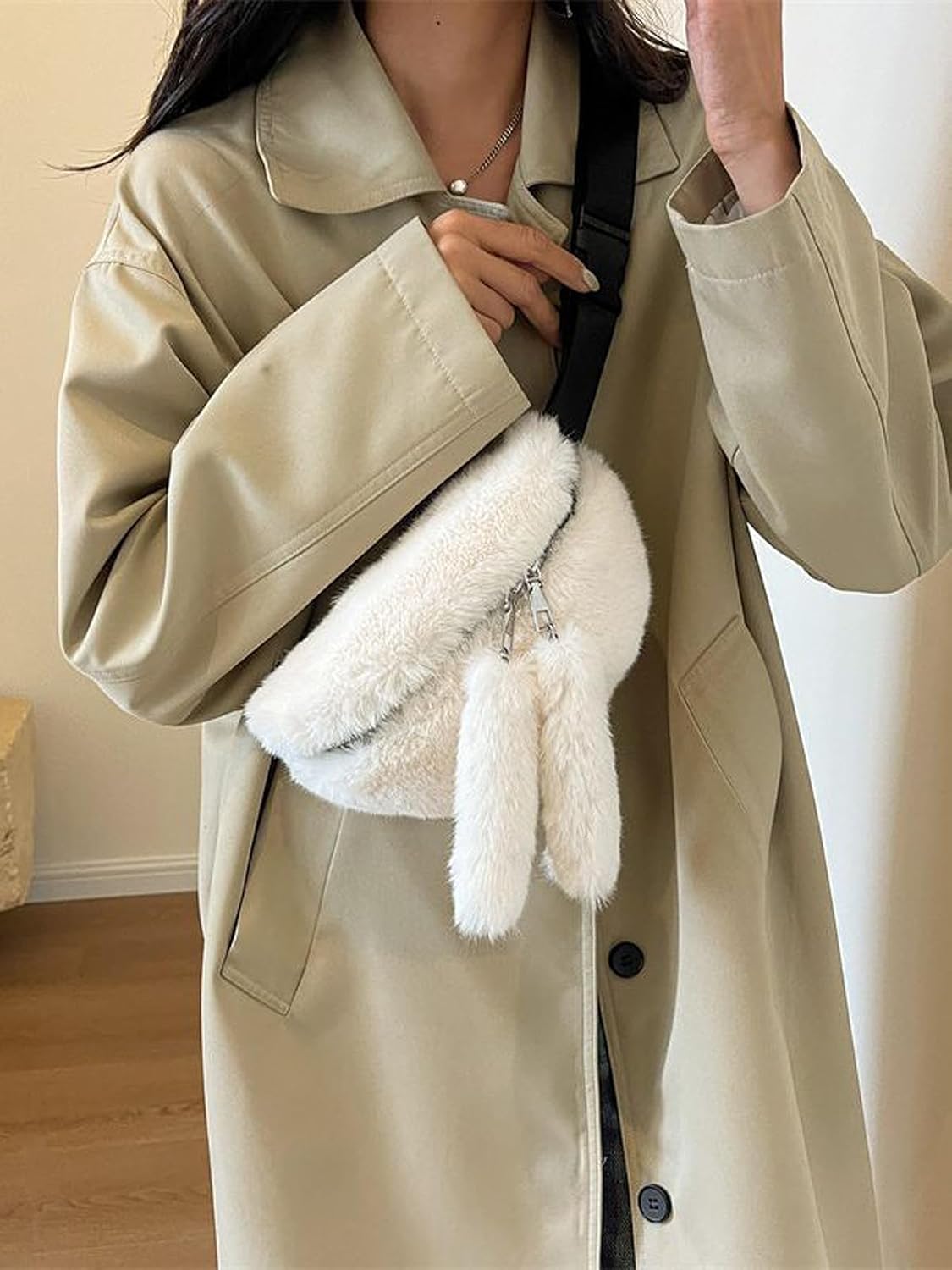 Fuzzy Fanny Pack for Women Faux Fur Belt Bum Bag with Adjustable Strap Waist Pouch Casual Crossbody Purse for Travel - Image 2