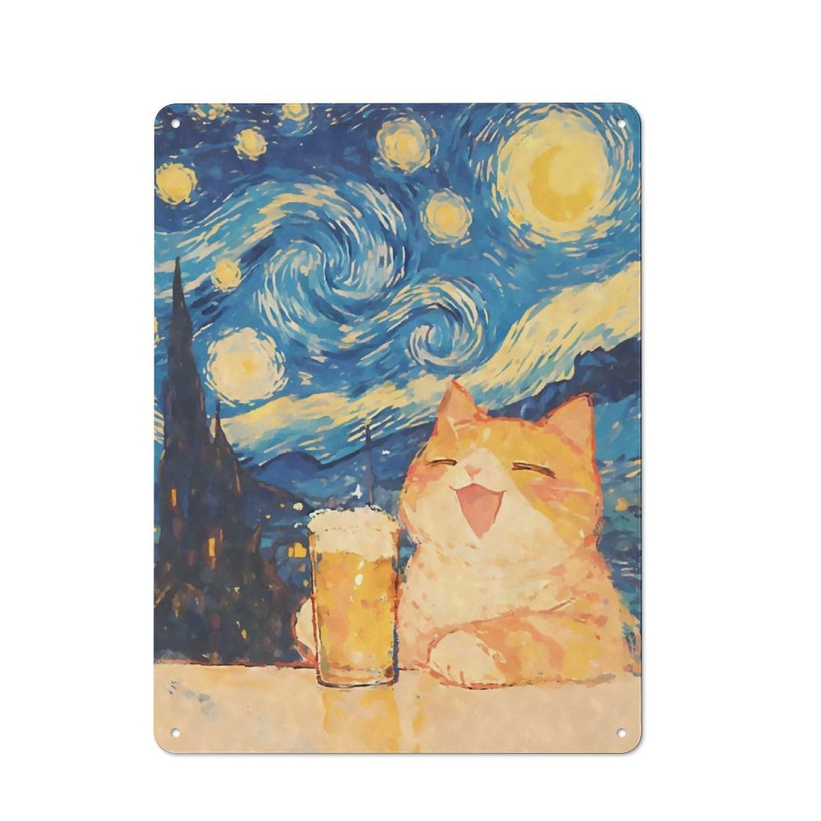 Everyday Vintage Metal Sign 40x30cm Featuring Orange Cat Beer Starry Night, Room Wall Plaque for Home, Shop, Pub Or Studio Wall