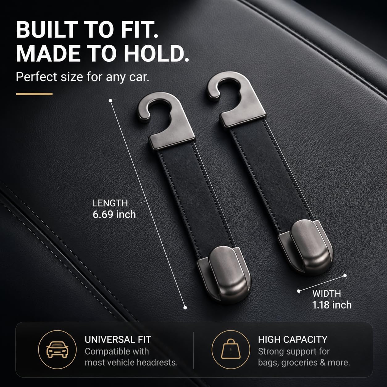 2 PCS Car Seat Headrest Hooks, Leather Wrapped Metal Storage Hangers, Purse Holder Seat Back Organizer for Handbags Grocery Bags Coats, Universal for Most Cars SUVs Trucks (Black) image 2