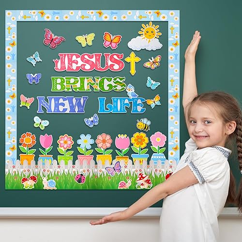Miniatura 7 de HOWAF Juego de 48 tablones de anuncios cristianos de Jesús Brings New Life, decoración de aula de primavera de fe religiosa, recortes de primavera,