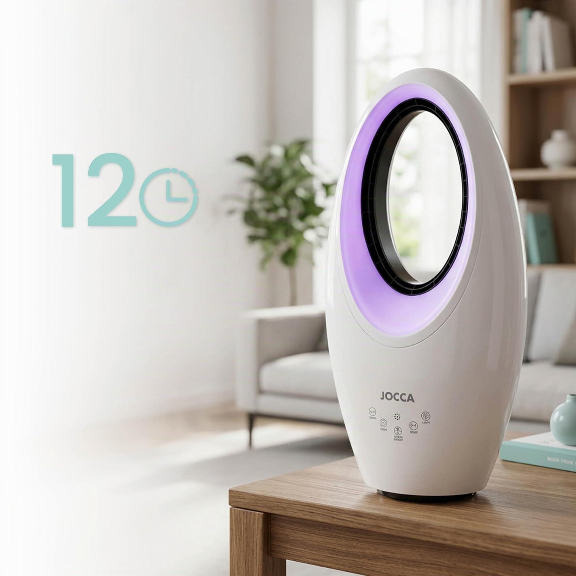 Jocca - Ventilateur Sans Pales avec Télécommande | Ventilateur Puissant et Silencieux | Lumière Nuit LED | 3 Vitesses | Commande Tactile | Minuterie | Blanc | 29,2x17,1x57,2cm
