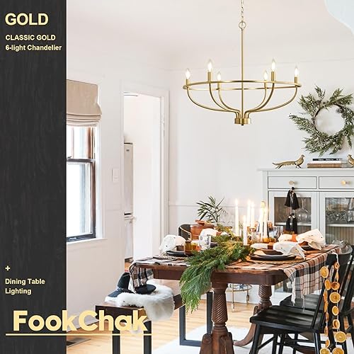 Miniatura 2 de FookChak Candelabro dorado de 6 luces, luminaria dorada cepillada para mesa de comedor, candelabro de latón estilo vela para dormitorio, pasillo,