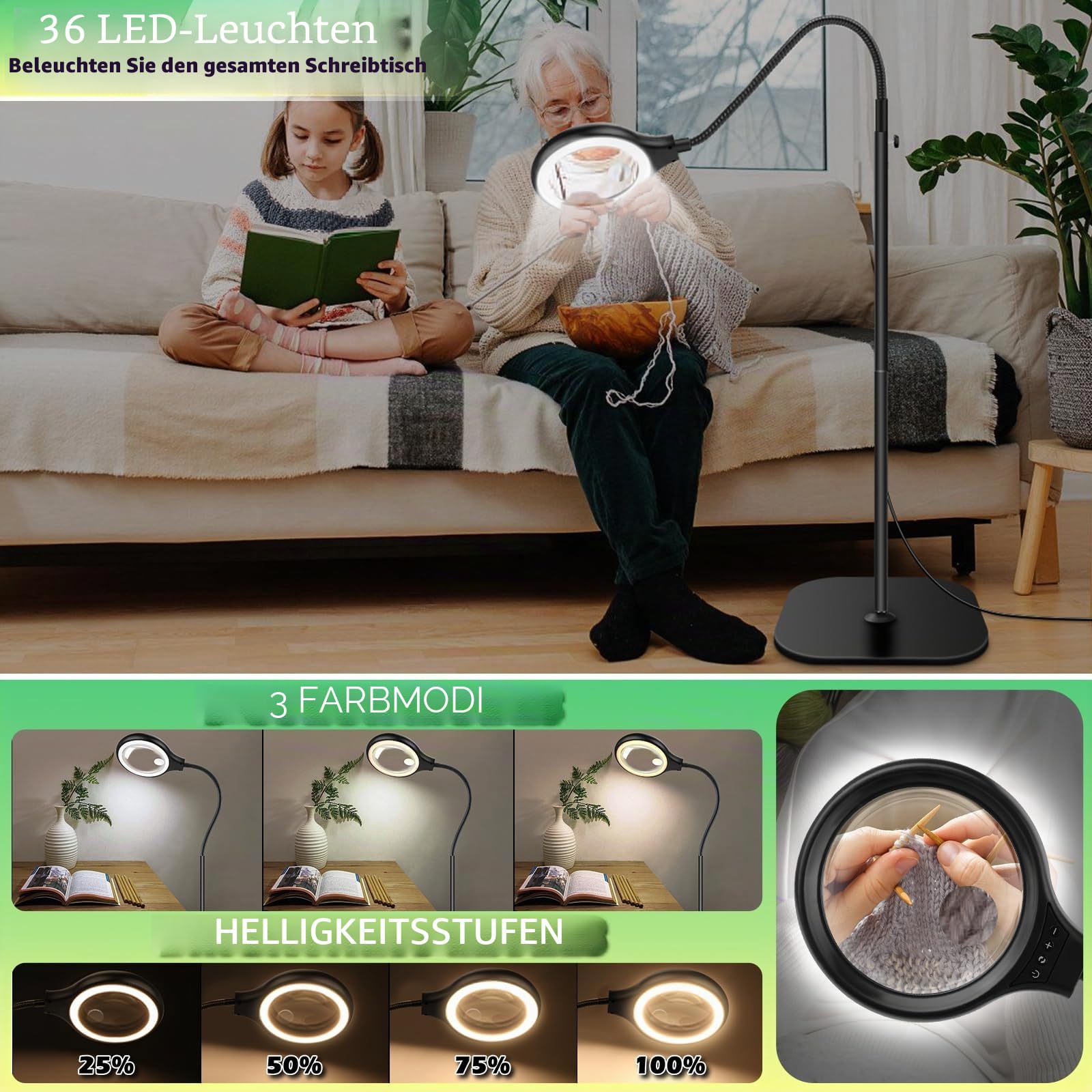 NZQXJXZ 3-in-1 Lupe mit Licht und Ständer, 30X 10X Lupenlampe | mit Flexiblem Schwanenhals und 36 Einstellbare Helligkeits-LEDs, 3 Farbmodi, Lupenleuchte mit Klemme zum Lesen, Nähen, Hobbys