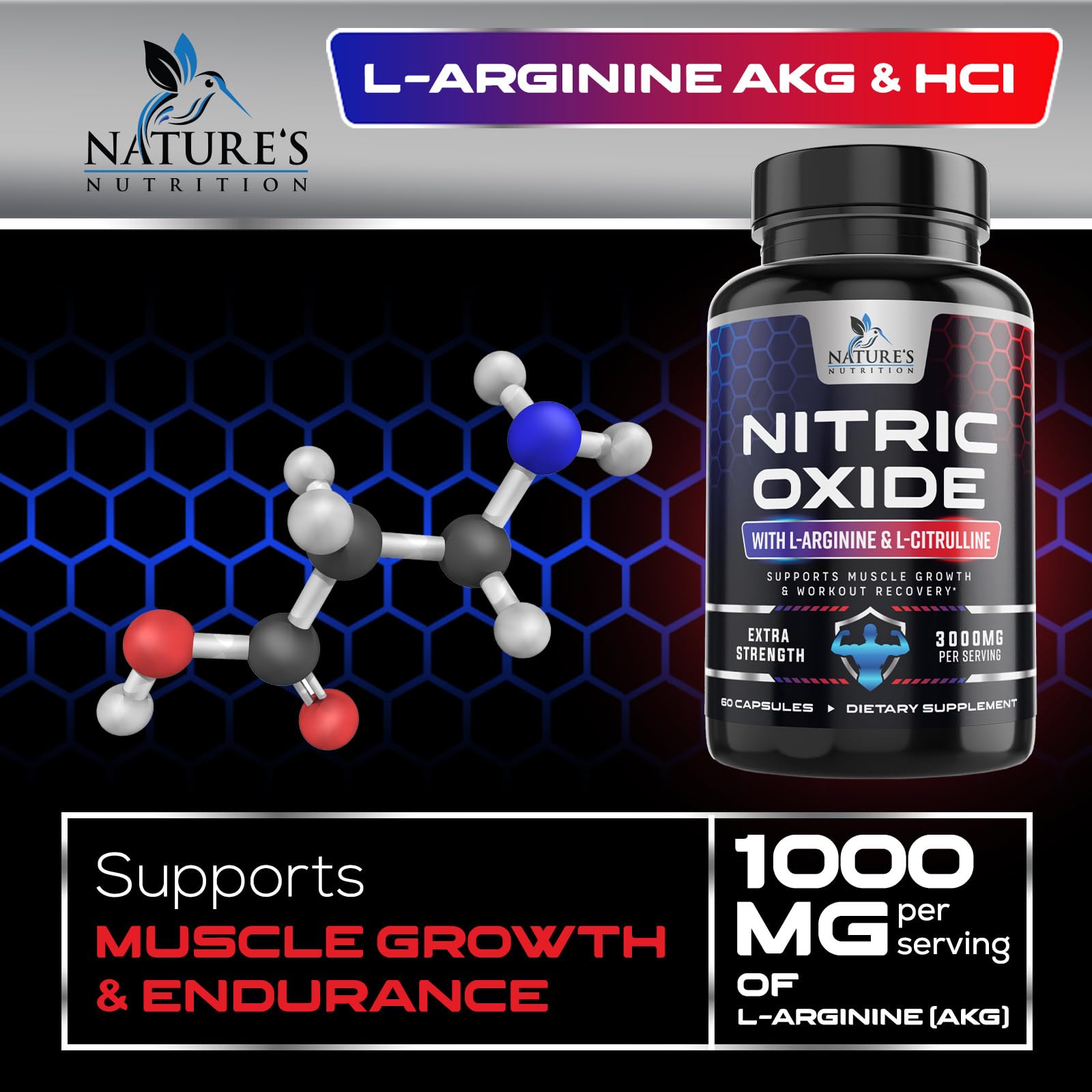 Nitric Oxide Supplement 3000mg Blend - 3X Strength L-Arginine & L-Citrulline - Complete Pre Workout Nitric Booster - Natural Energy & Muscle Support for Men & Women - Bottled in USA - 60 Capsules — Amazon image 5