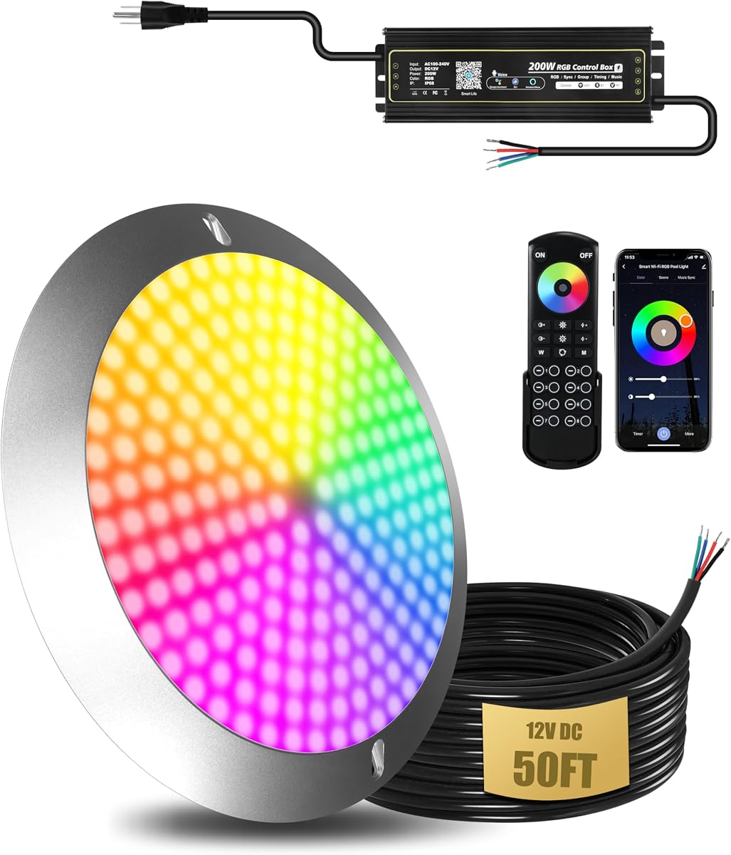 Goldlife P10 10“ RGB LED Pool Lights for Inground Pool Large Wet Niche 50FT | 120 W 12000 LM, 120V to 12V w/ 2in1 Controller, Color Changing Spa Replacement Light, 1/2" NPT Thread, Fits 10-11" Niches