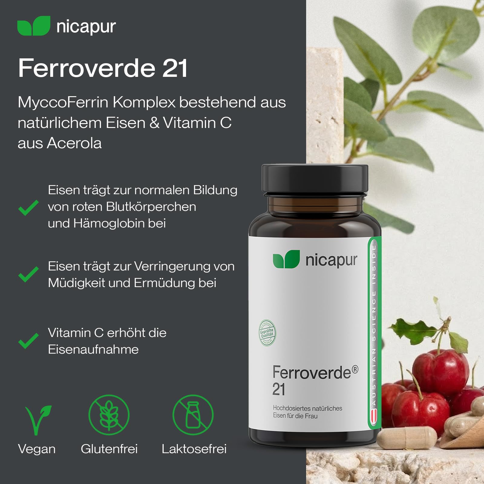 nicapur Ferroverde 21 – 21 mg hochdosiertes Eisen mit Vitamin C aus roter Acerola – 60 Kapseln, vegan, laktosefrei & laborgeprüft