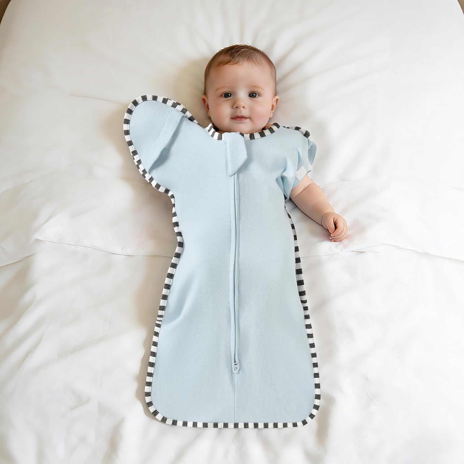 Soft Cotton Swaddle Blanket, Arms Up Baby Sleep Transitional Swaddle Sack Wearable Sleeping Bag for Boy Girl (Light Blue + Light Grey, M(3-6 Months))