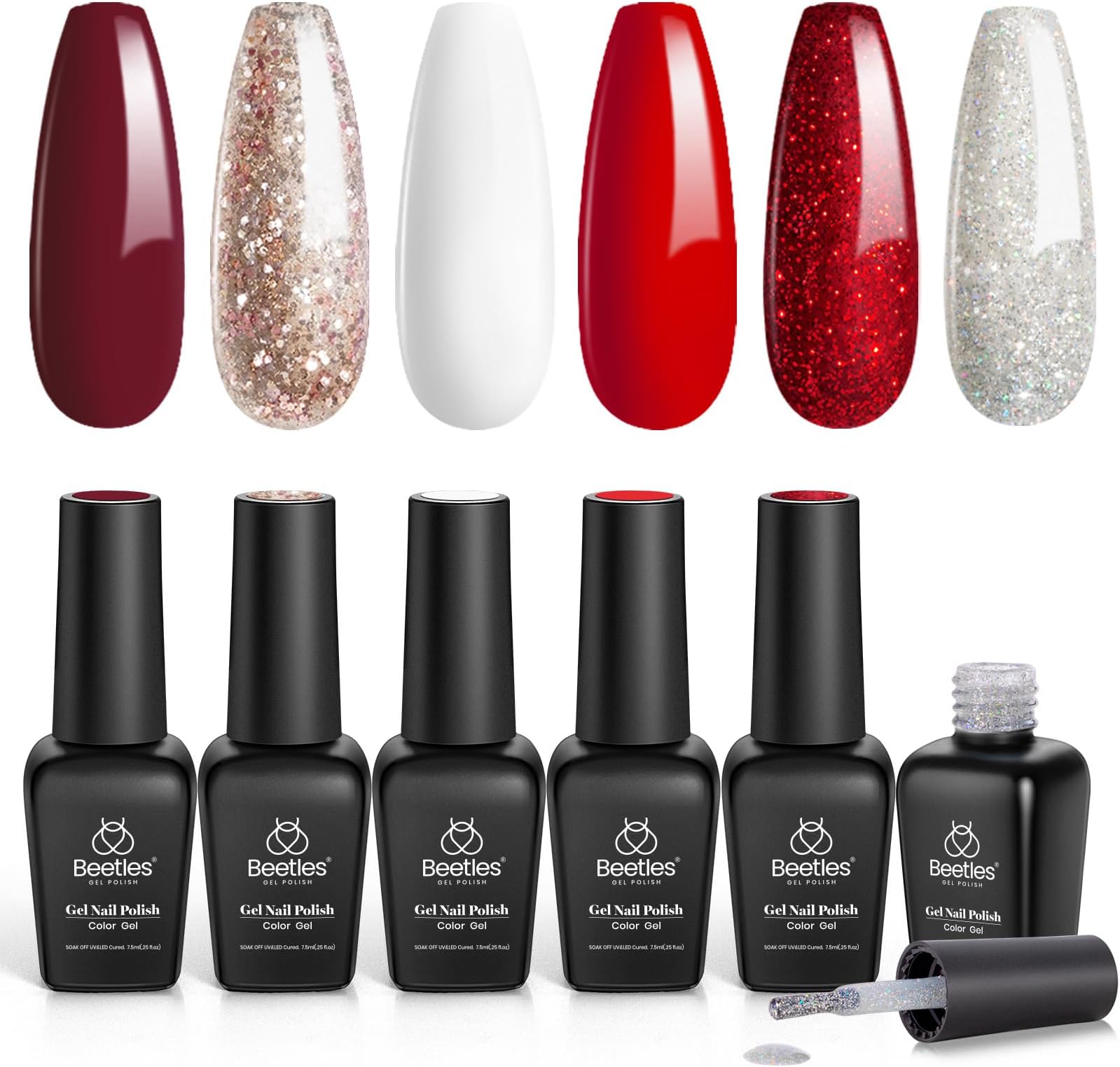 Beetles Christmas Gel Nail Polish – Candy Cane Gel Polish Set, 6 Color Burgundy Red Glitter White Silver Winter Snow Holiday Sparkle Manicure Kit Soak off Uv Nail Art Design Gifts for Women