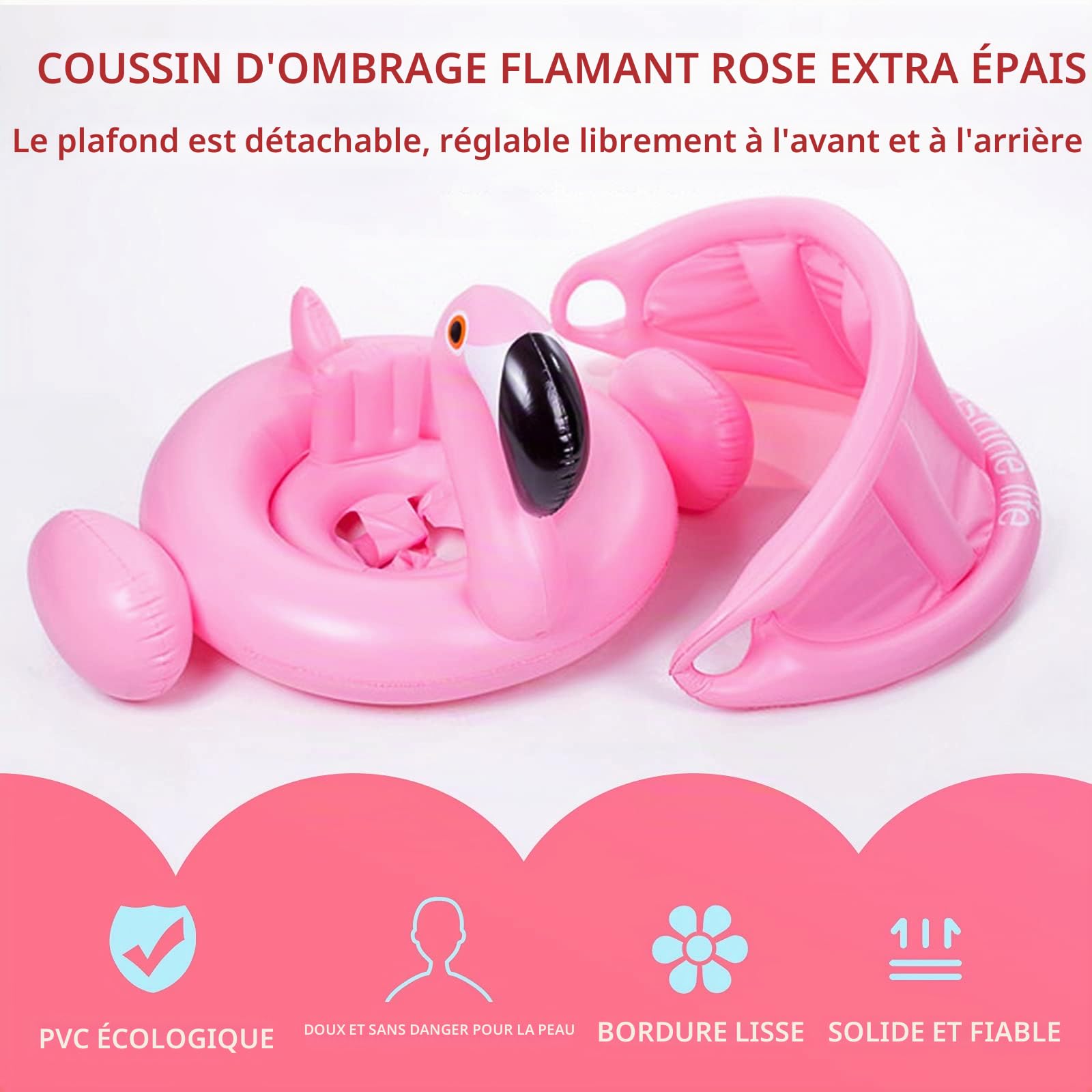 Bouée Bébé Flamant Rose Avec Pare-soleil – Pour 6 à 48 Mois – PVC épais 0,25 Mm