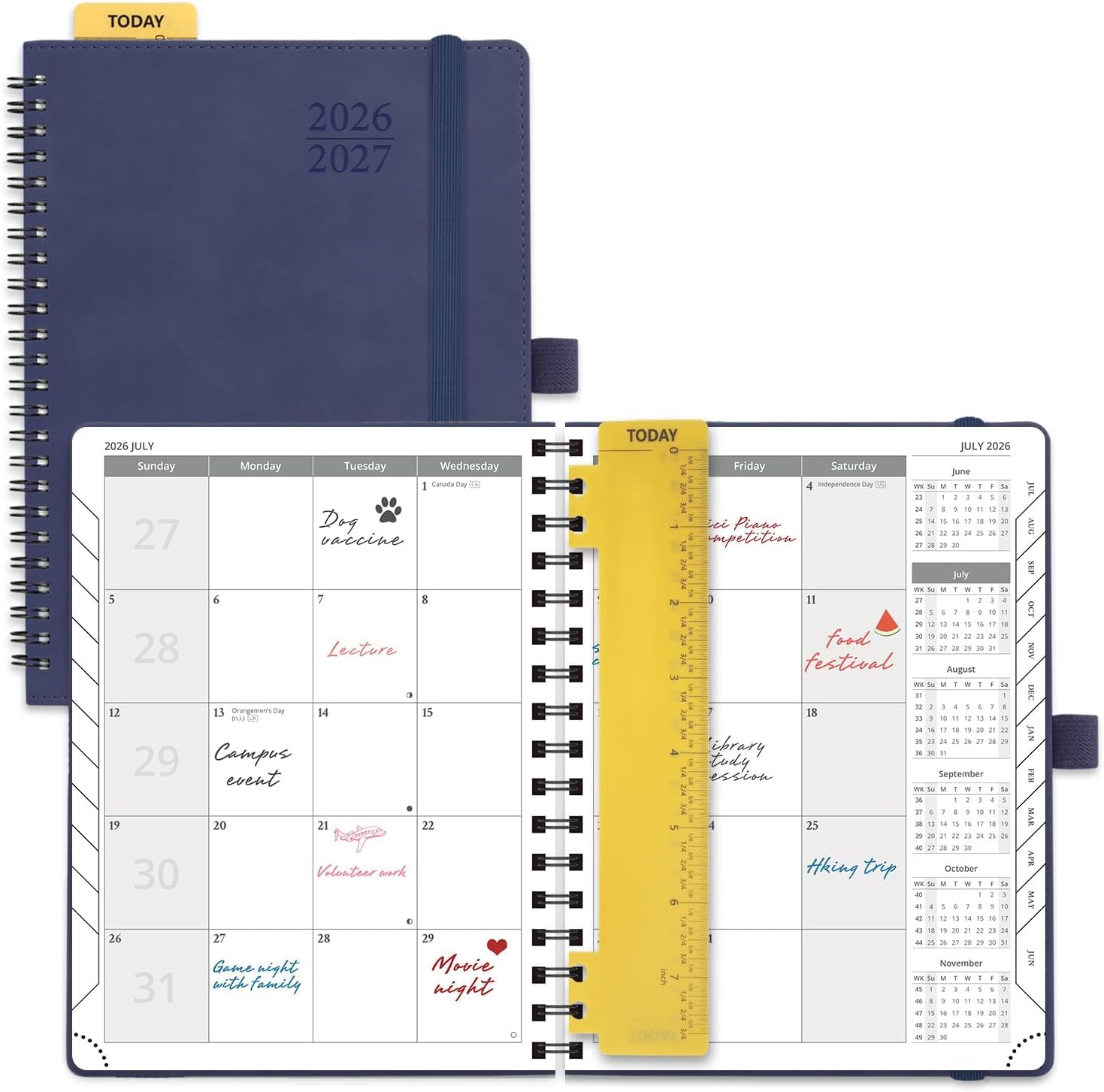 POPRUN Monthly Planner 2026-2027 22x16.5cm (18-Month: Jul'26 - Dec'27) Academic Diary A5 Month to View only Spiral Soft Cover, Sunday Start, Monthly Tab(Navy blue)
