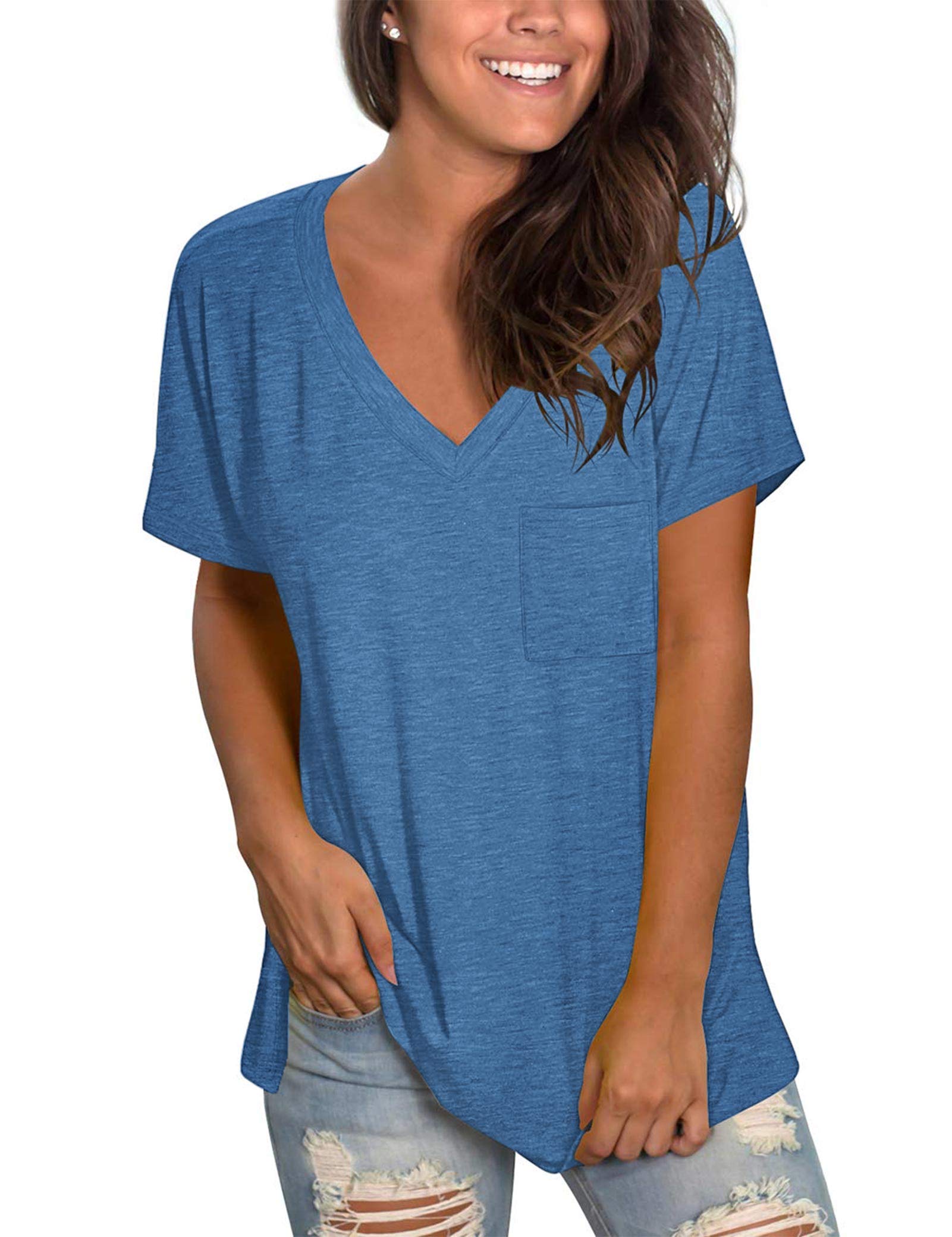 Molerani Women's Blue V Neck T Shirts For Short Sleeve Soft Tees Tops Basic Tshirts 2XL