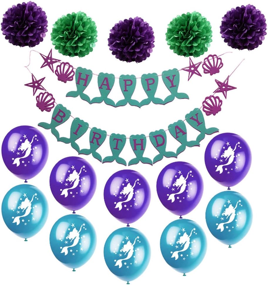 Mermaid Party Supplies & Party Decorations Happy Birthday Banner Paper Pom Poms and Ballons for Mermaid Birthday Party Supplies Baby Shower Decorations