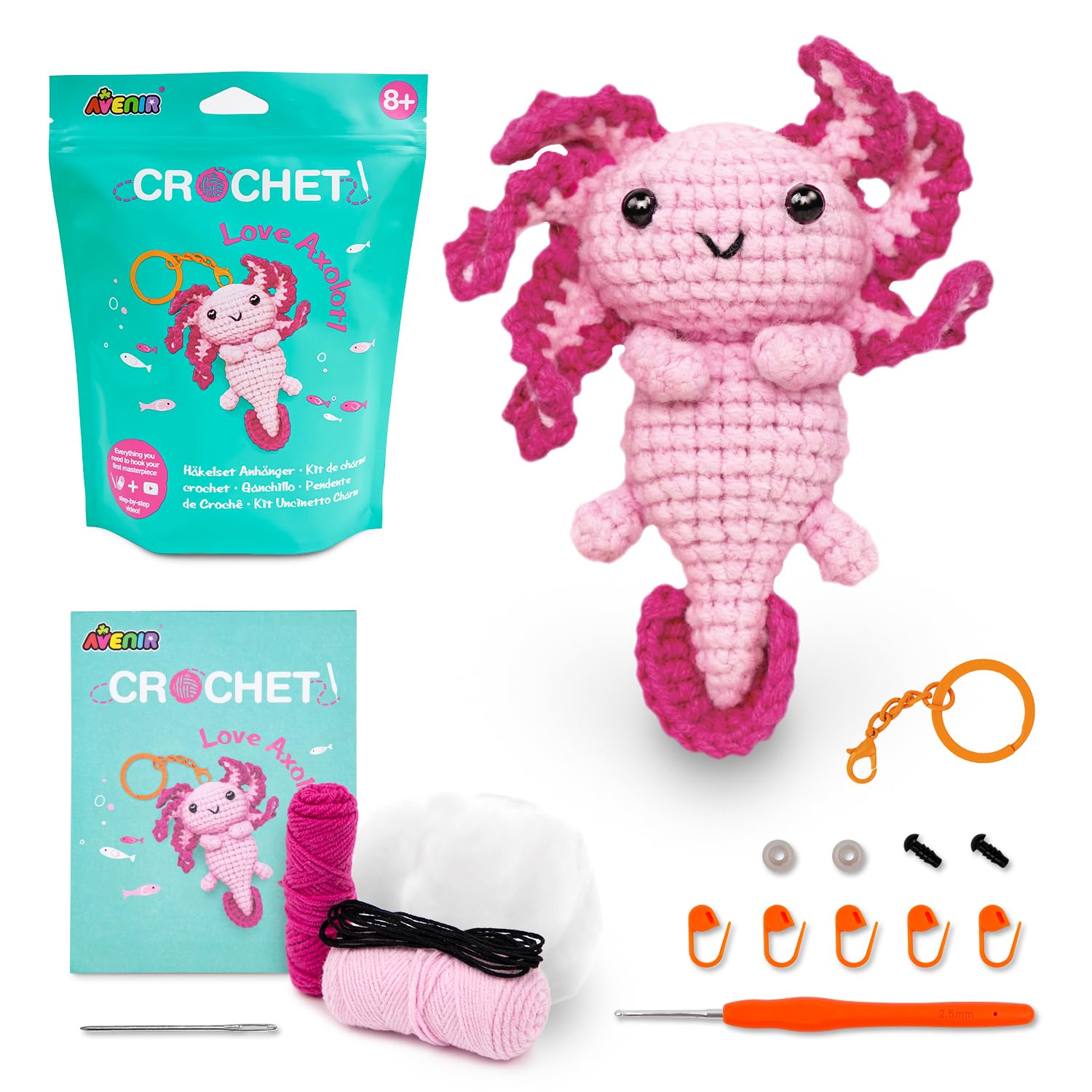 Avenir Beginner Crochet Kit – Love Axolotl Bag Charm | Crochet Kit for Beginners with Video Tutorials, Pre‑Started Yarn & Full Supplies | Cute Crochet Animal Craft Gifts